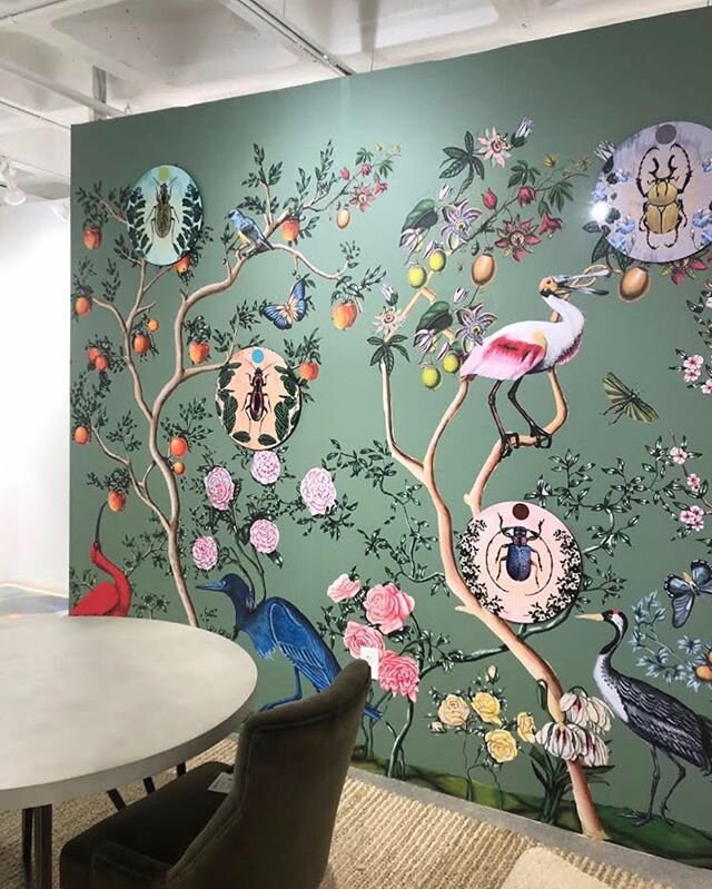 Install shot of my Bird and Branch Chinoiserie wallpaper and Beetles on metal circles.