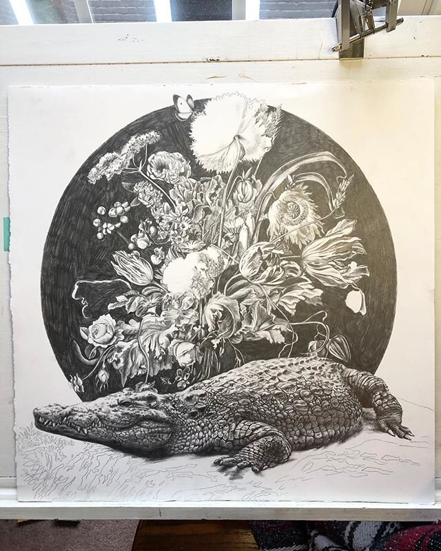 My croc when it was in progress. Did you guys know these old Dutch still lives were supposed to reference beauty and decay of nature? They were called Memento mori still lives, which means remember death. It&rsquo;s why they have insects on them and 