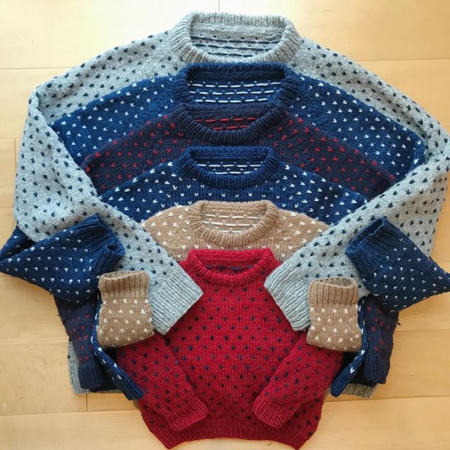 Before I shipped off my sixth (!!) Leelanau, I decided to take a picture of  it with the rest of the collection.  It won&rsquo;t be my last- this is such a fun sweater to knit, but I&rsquo;m thinking I need to break away from this color scheme for th