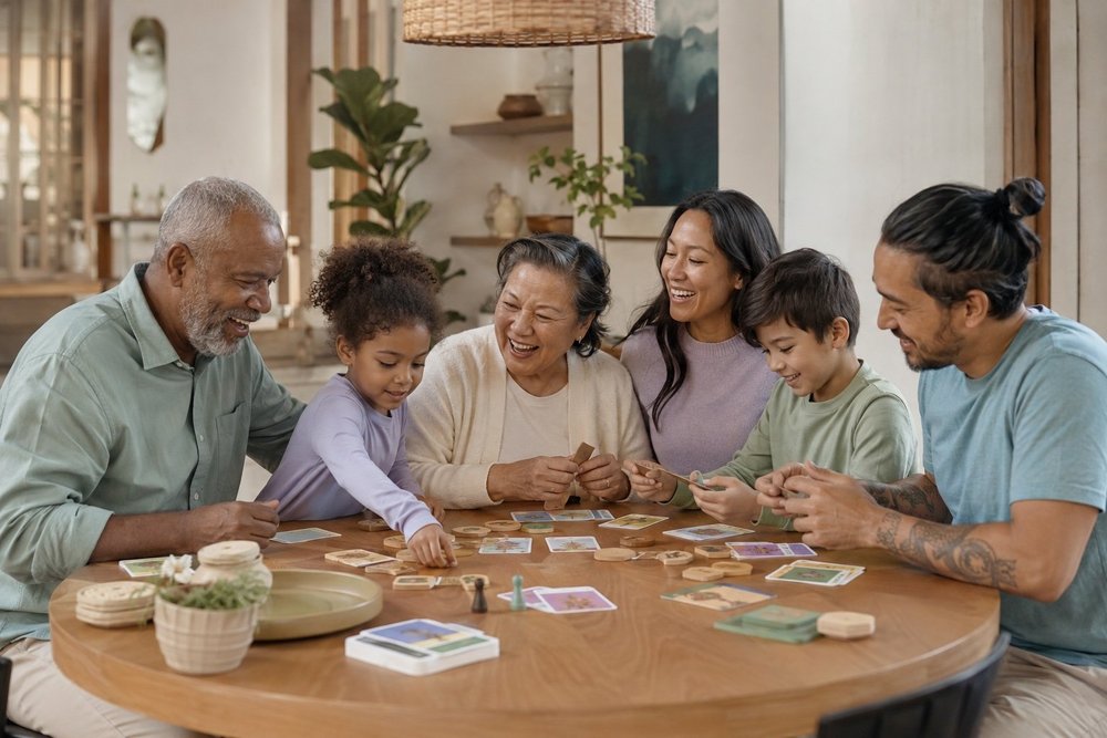 A multicultural multigenerational family learning and playing together around a table.