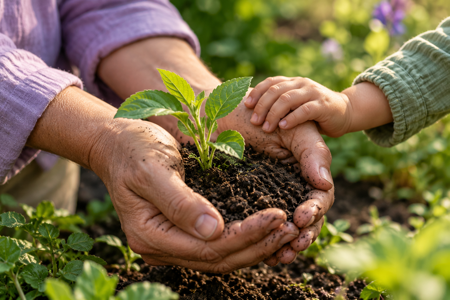 Illustrative AI-generated photo of an adult’s cupped hands holding soil and a seedling, with a child’s hand resting nearby.
