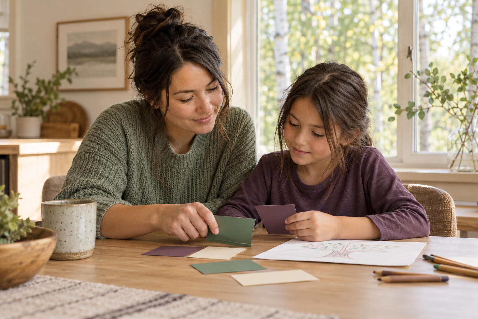 Illustrative AI-generated photograph of a caregiver and child drawing and practicing with blank activity cards at a sunlit table.