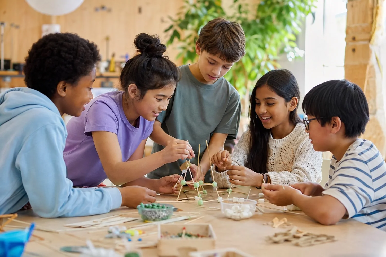 A multicultural group of children collaborating on a hands-on building challenge.