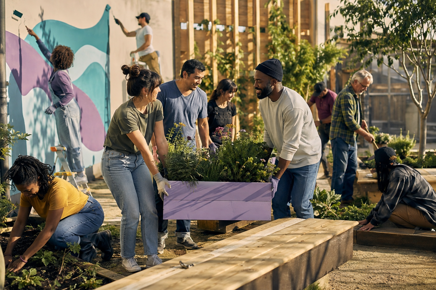 Community volunteers carrying a planted garden box while others improve an outdoor courtyard