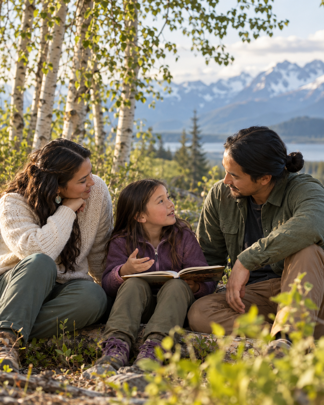 Illustrative AI-generated photo of a child sharing a book with two attentive adults among birch trees.