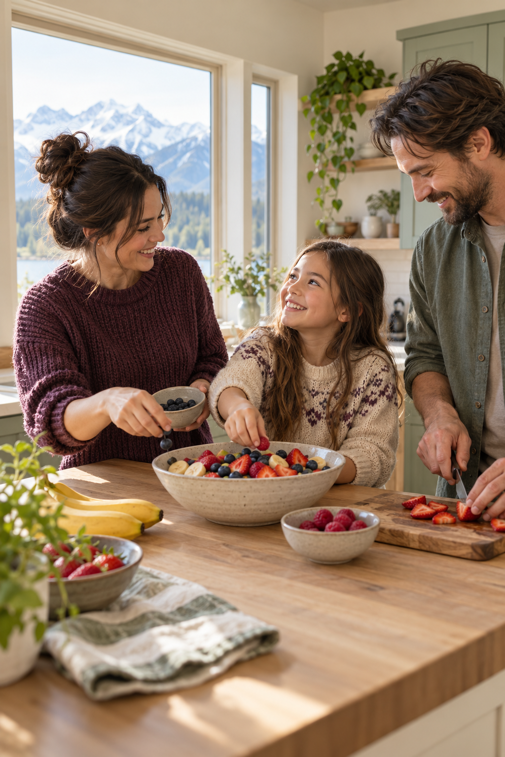 Illustrative AI-generated photograph of two caring adults and a child preparing fresh fruit together in a sunlit kitchen.