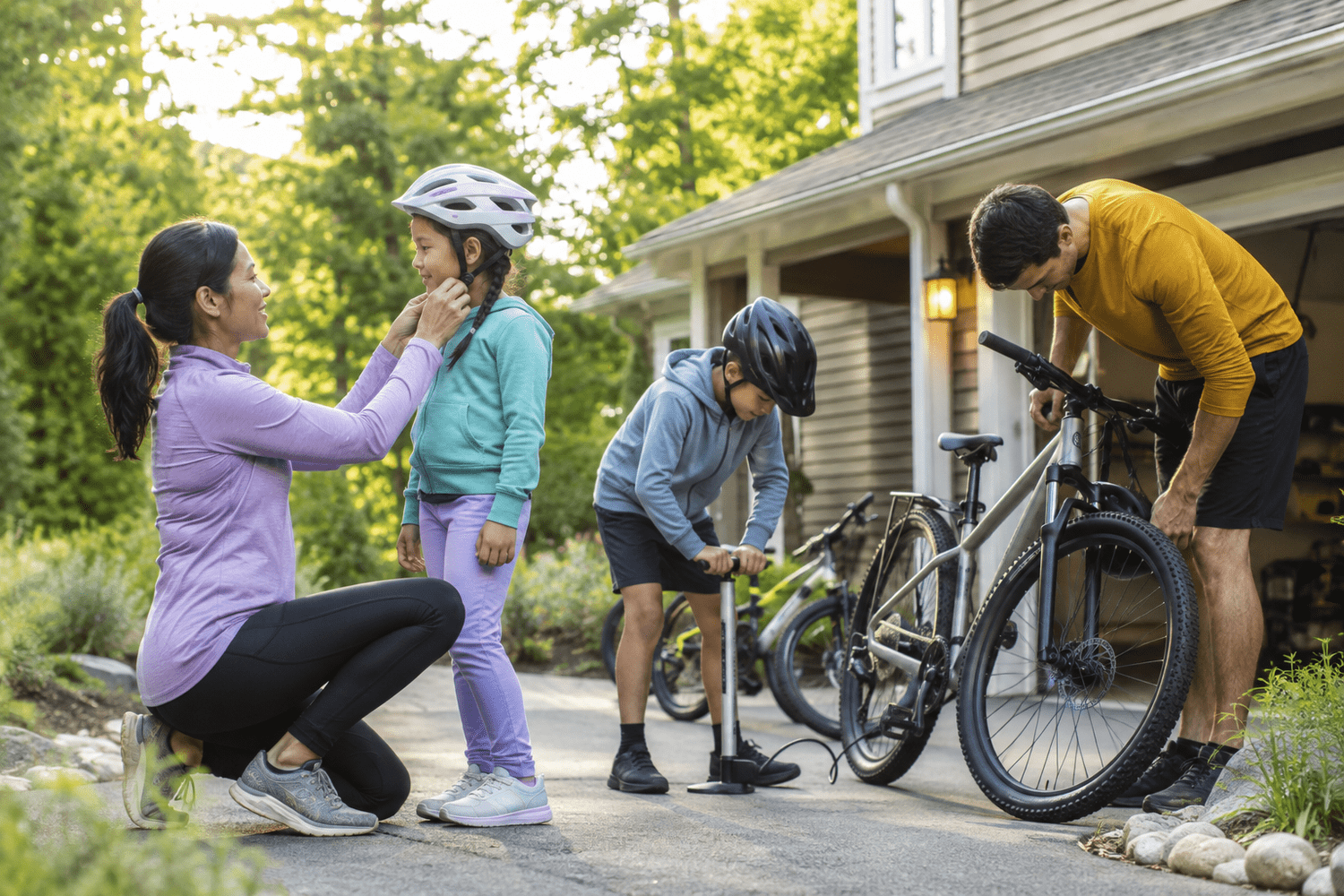 Family preparing bicycles and fastening helmets together before a morning ride