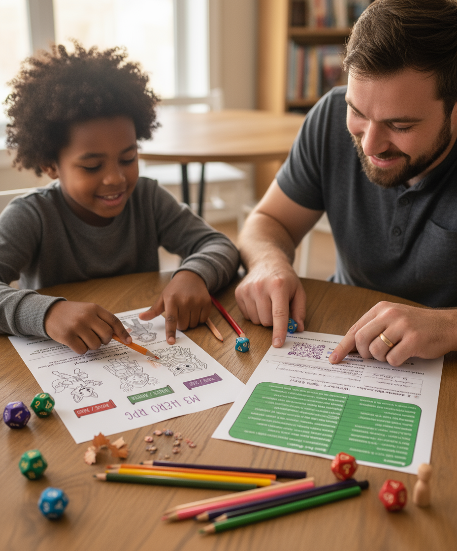 A young boy and adult man sit at a table doing a coloring activity. The boy points at his coloring sheet, and the man looks on smiling. There are colored pencils, dice, and small decorative items on the table.