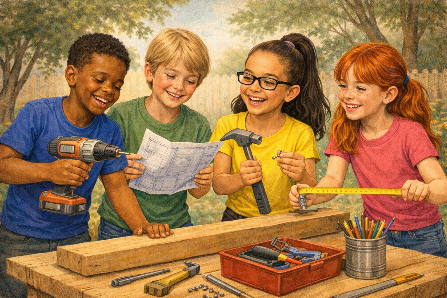Group of children playing and running outdoors in a park with trees and benches in the background