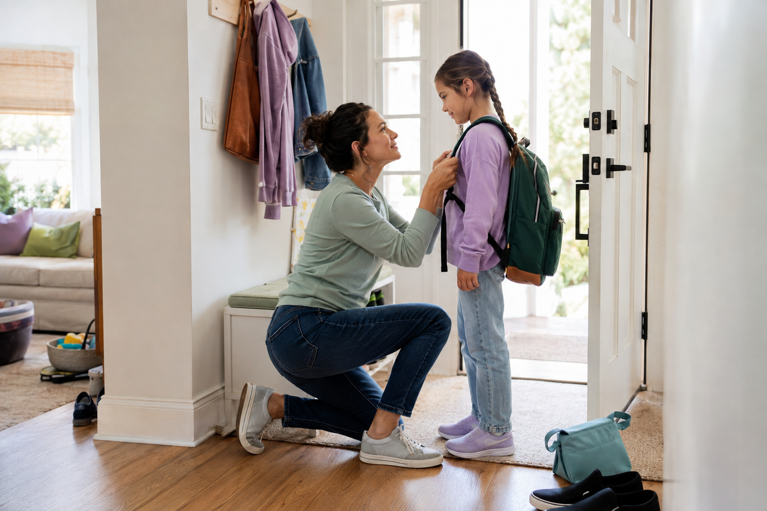 Parent helping a child secure a backpack during their morning routine before school