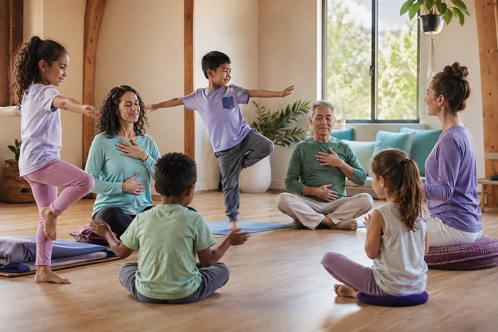 Children and adults practicing focus, listening, breathing, balance, and movement together.