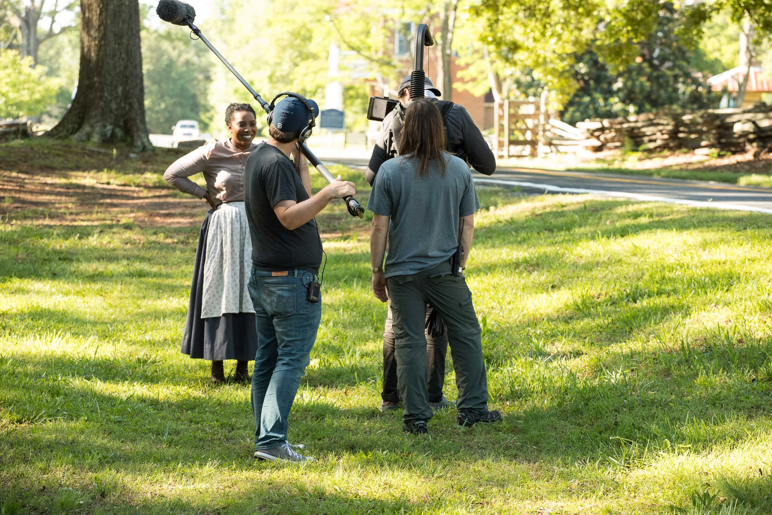 Boom Operator Aaron Mowrer, Olivia Washington, Gaffer Cory Skipper, and DP Patrick Jones.