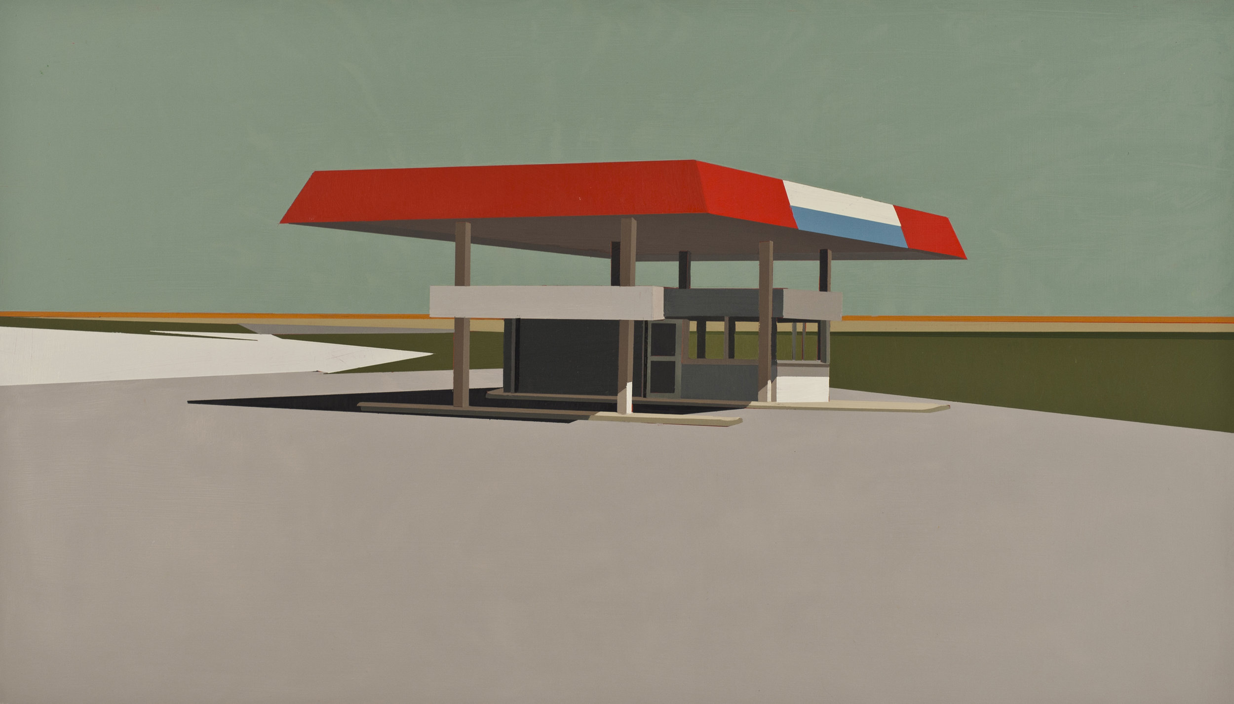    SUMMER GREY GAS STATION IN PATINA BLUE     oil on panel | 12"&nbsp;x 21" 2012   