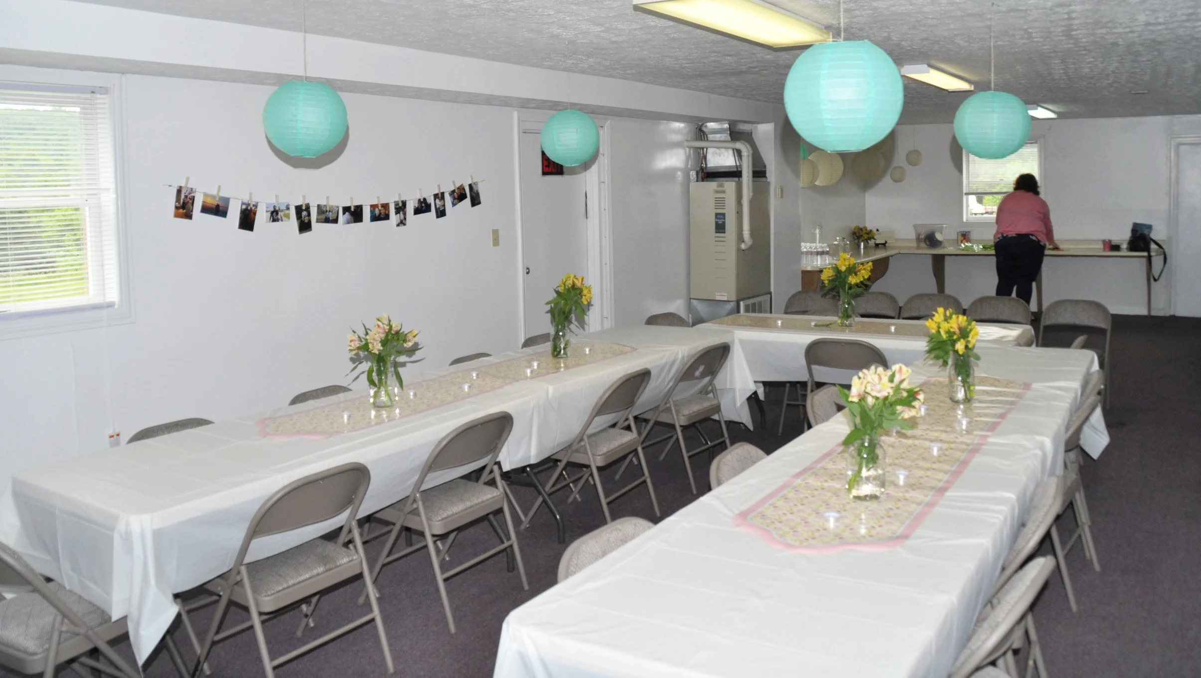 Simple Spring-themed set up for my sister's wedding shower. Fresh flowers and Pinterest vintage!