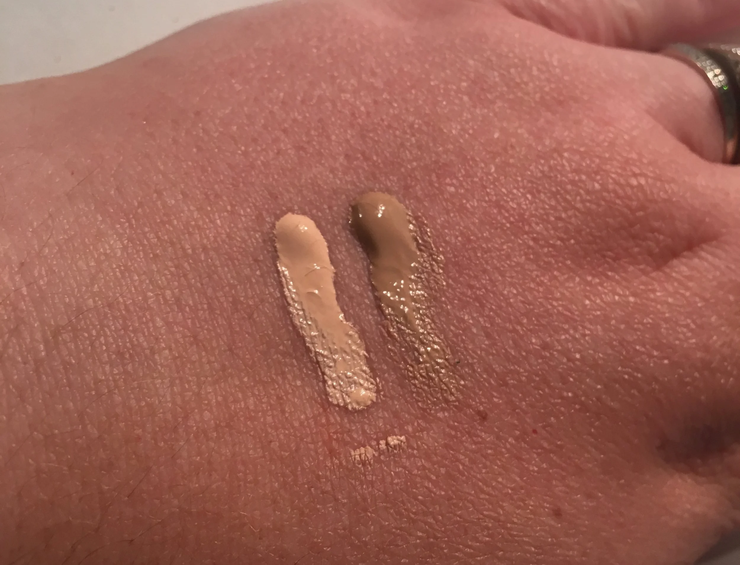 Left: Too Faced Born This Way foundation in Snow -- Right: IT Cosmetics CC Cream in Light