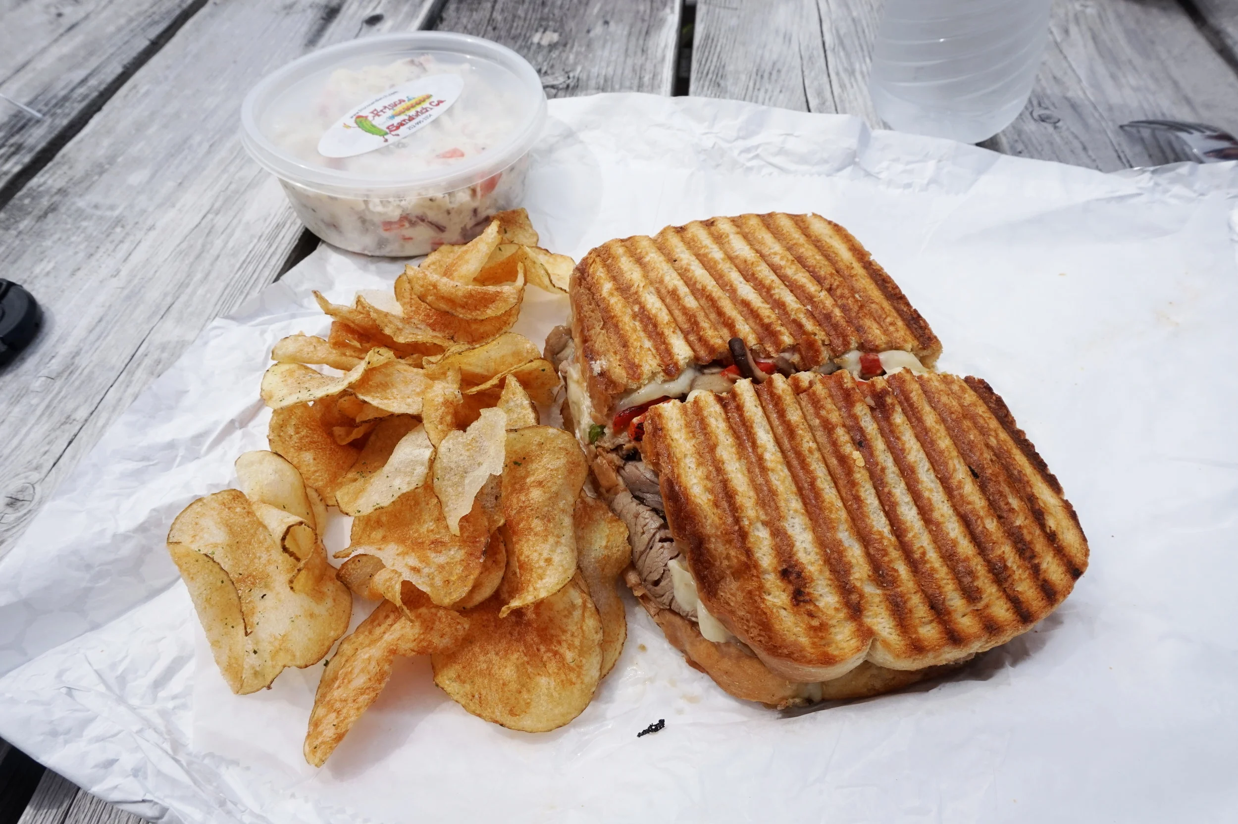 The Roast Beaster panini, with homemade potato chips and potato salad, from Frisco Sandwich Company.