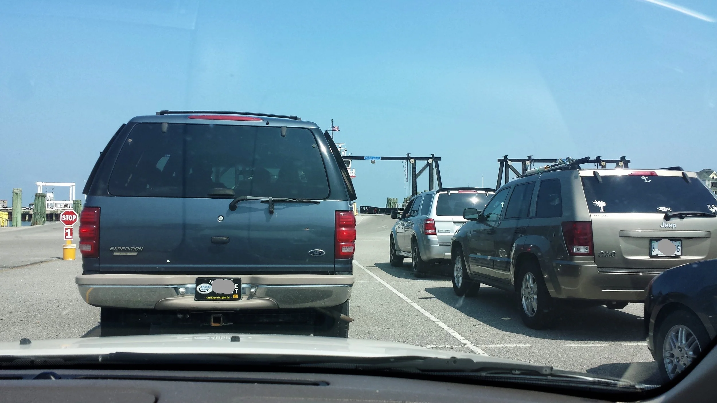 One of the MANY times we sat in line for the ferry! 