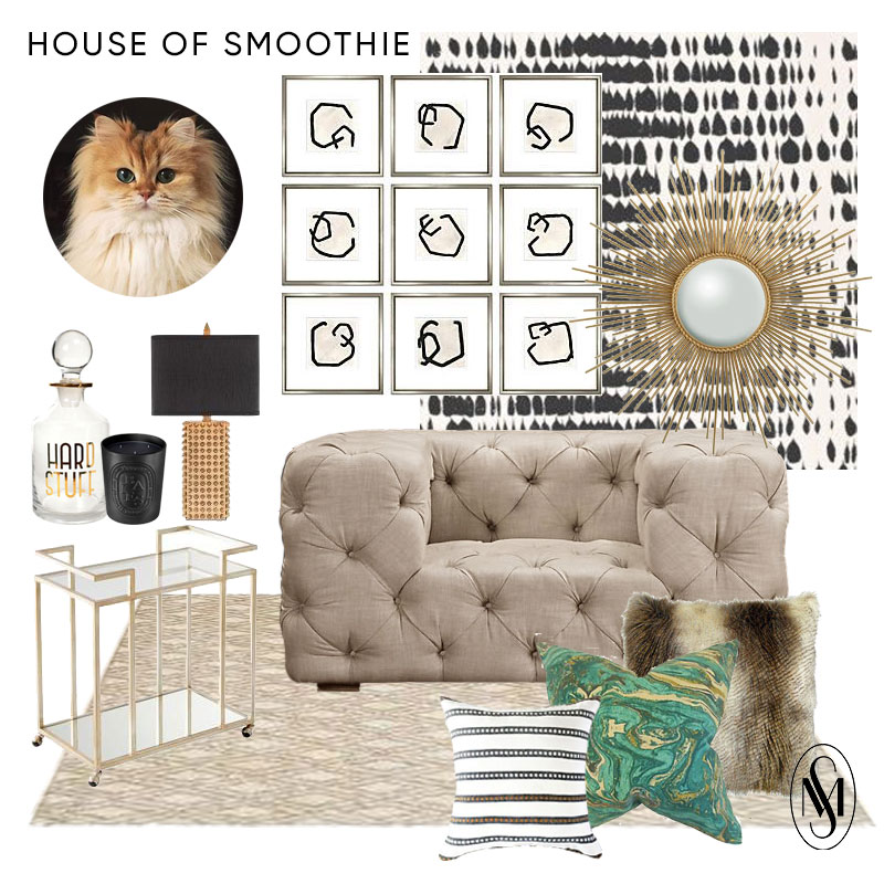  decanter | candle | lamp | bar cart | rug | chair | striped pillow | marble pillow | fur pillow | wallpaper | artwork | mirror 