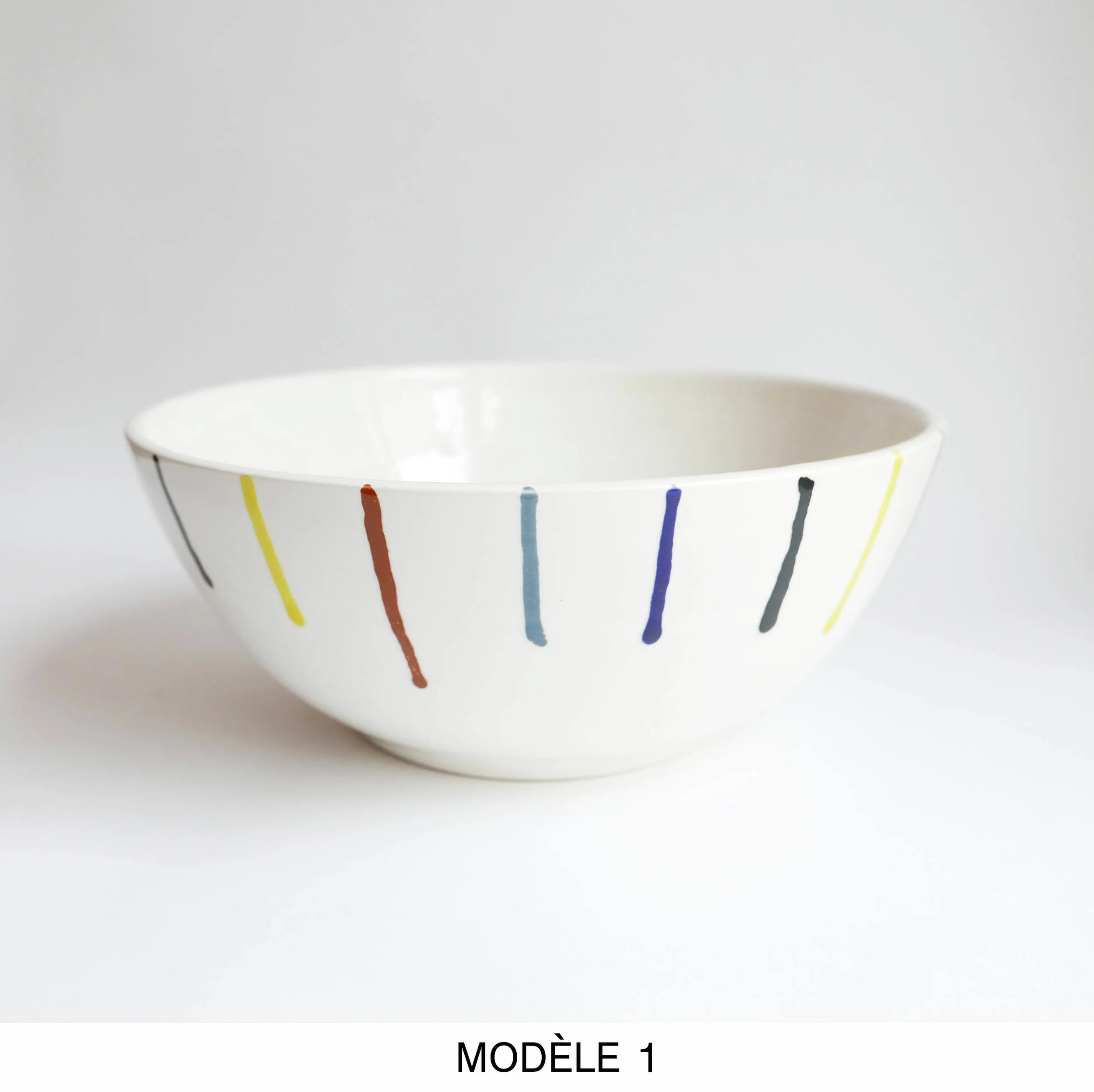 DATCHA - Saladier céramique blanc rayé rayures coulures coloré / White ceramic salad bowl serving dish with colorful drops stripes