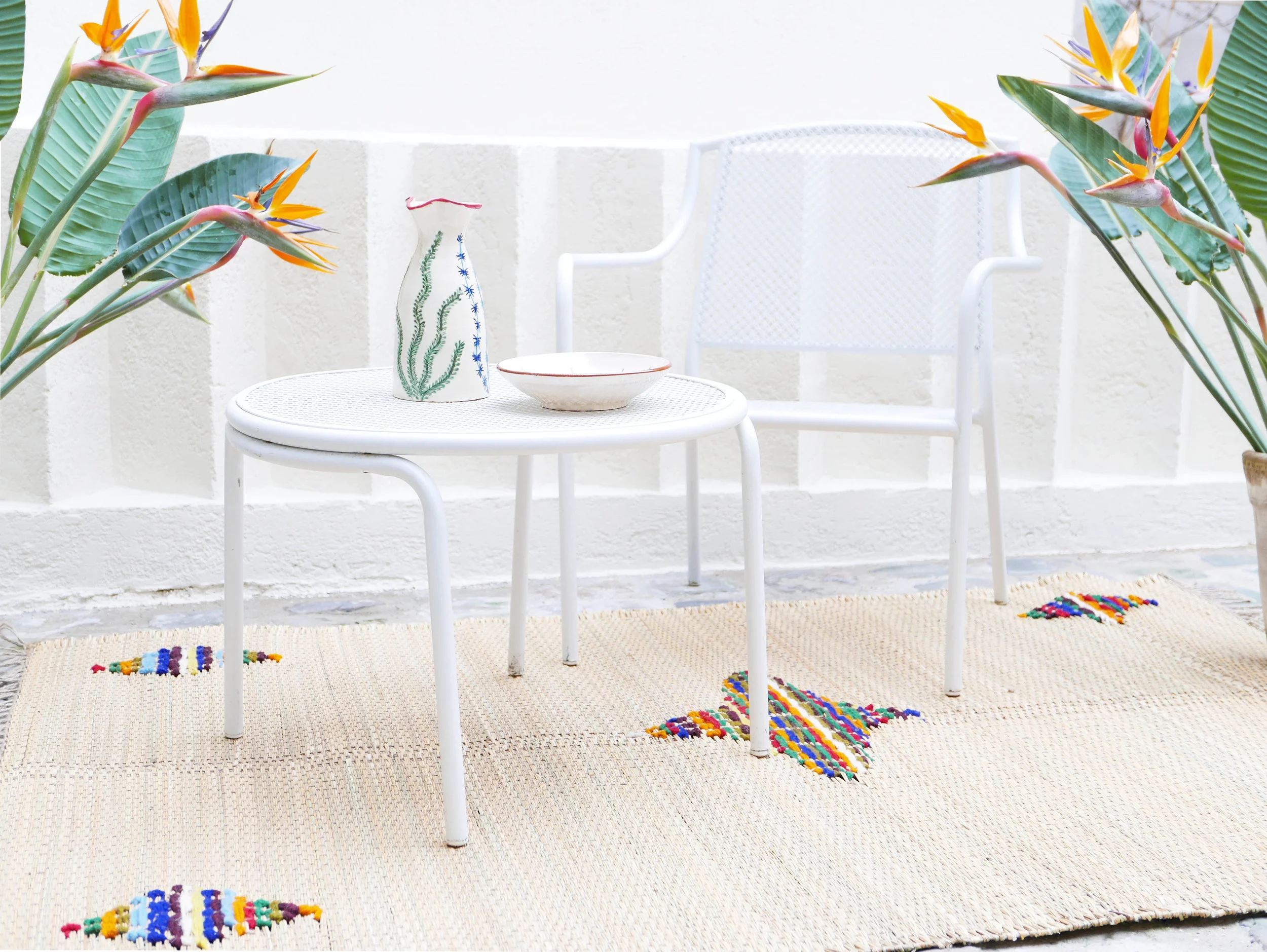 DATCHA - Natte tapis paille jonc naturel et laine colorée pour terrasse été / Braided straw bulrush rug with colorful wool handmade