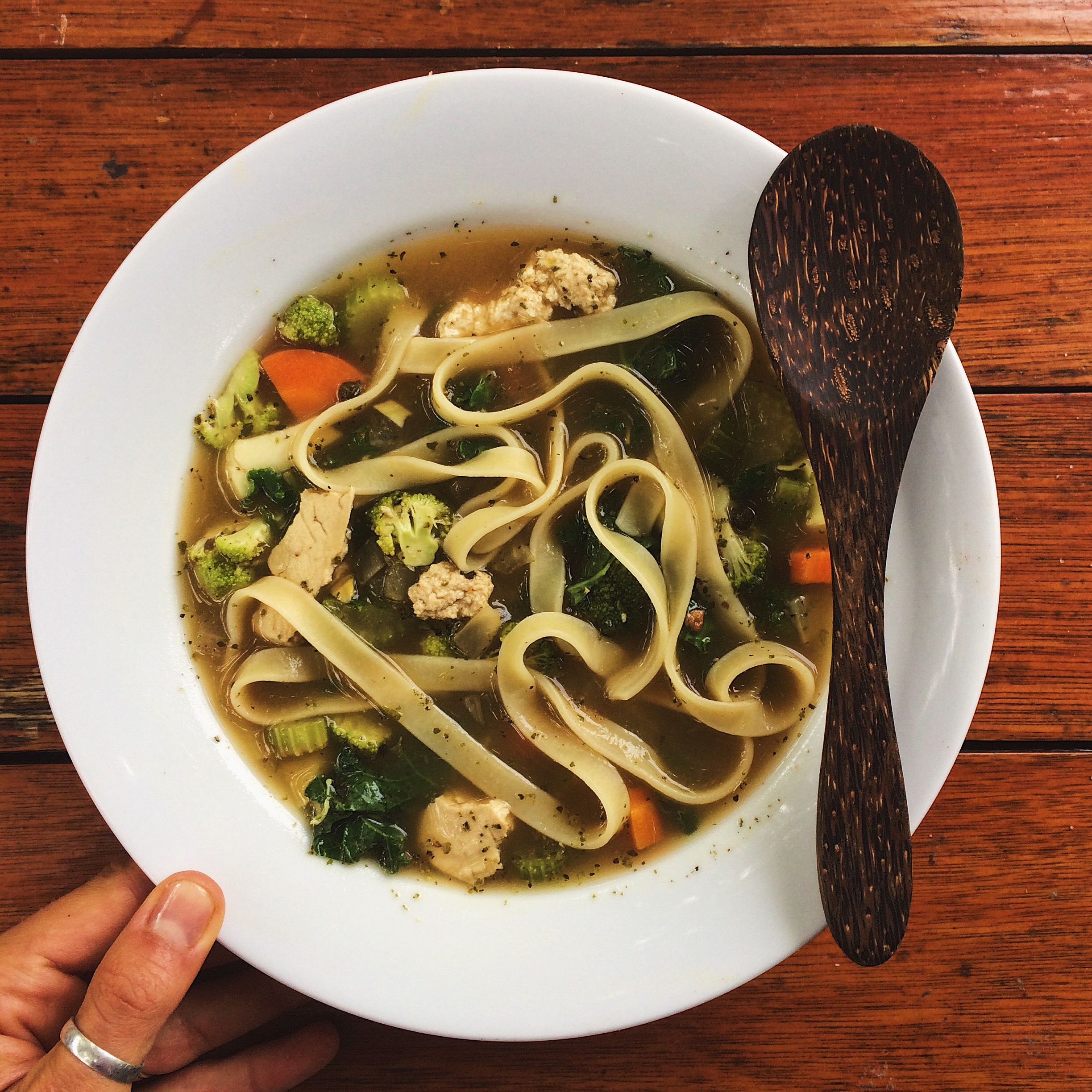 Vegan "chicken" noodle soup