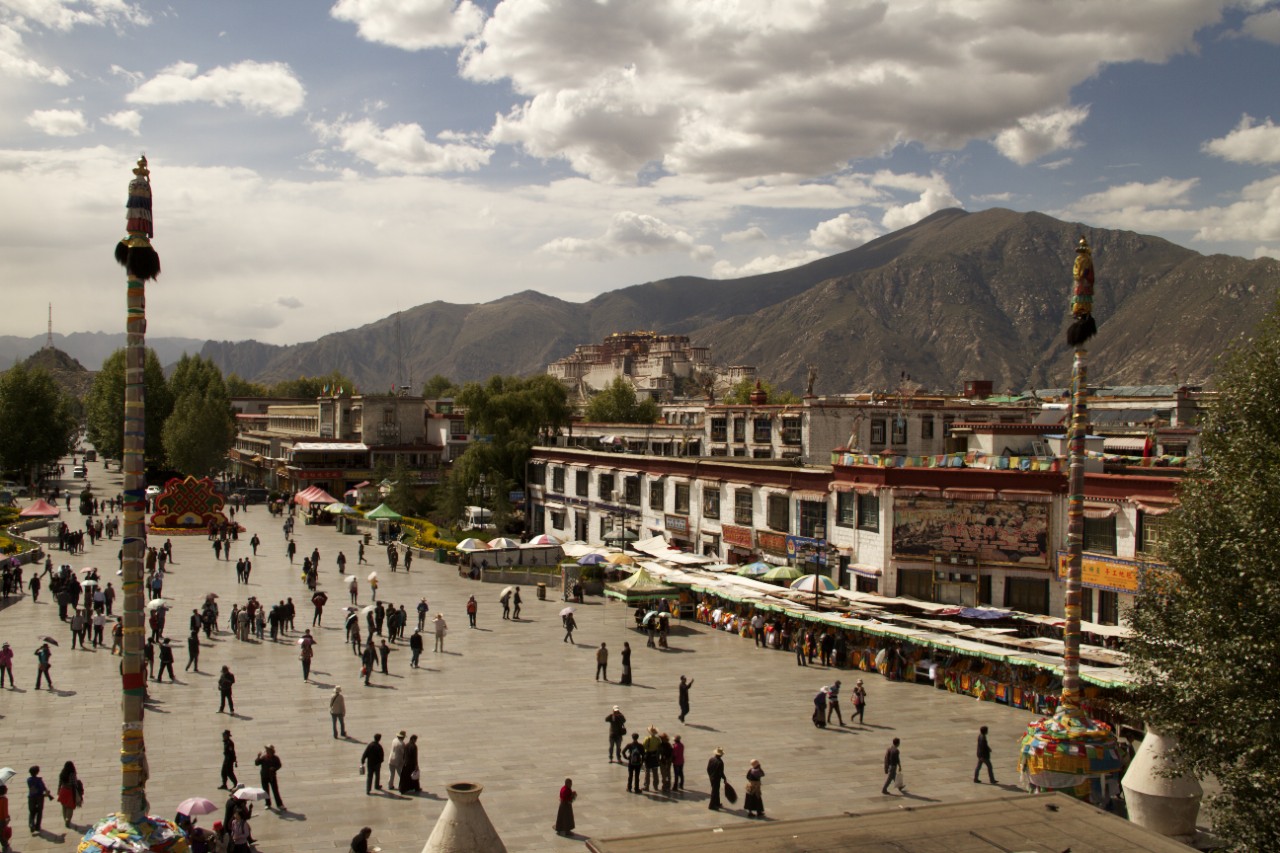 Jokhang plaza with the Potala palace in the distance.