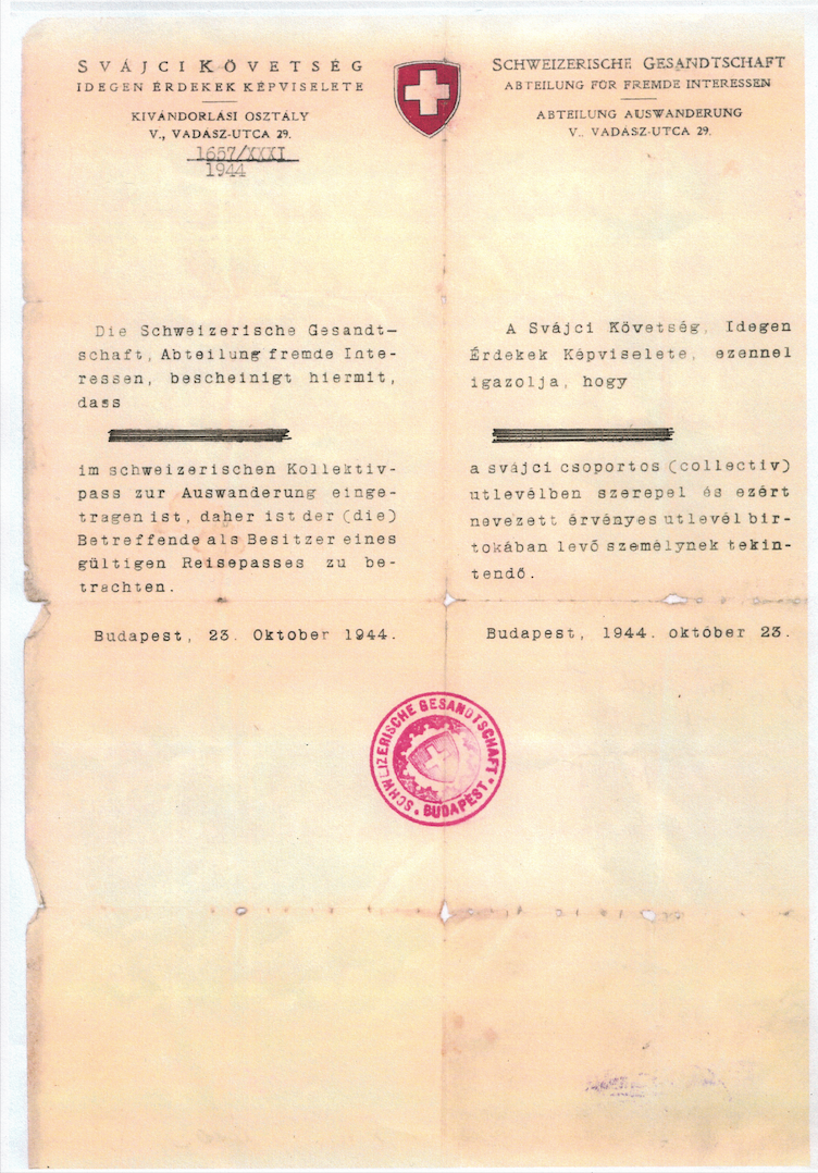 Original safe-conduct pass, Budapest 1944