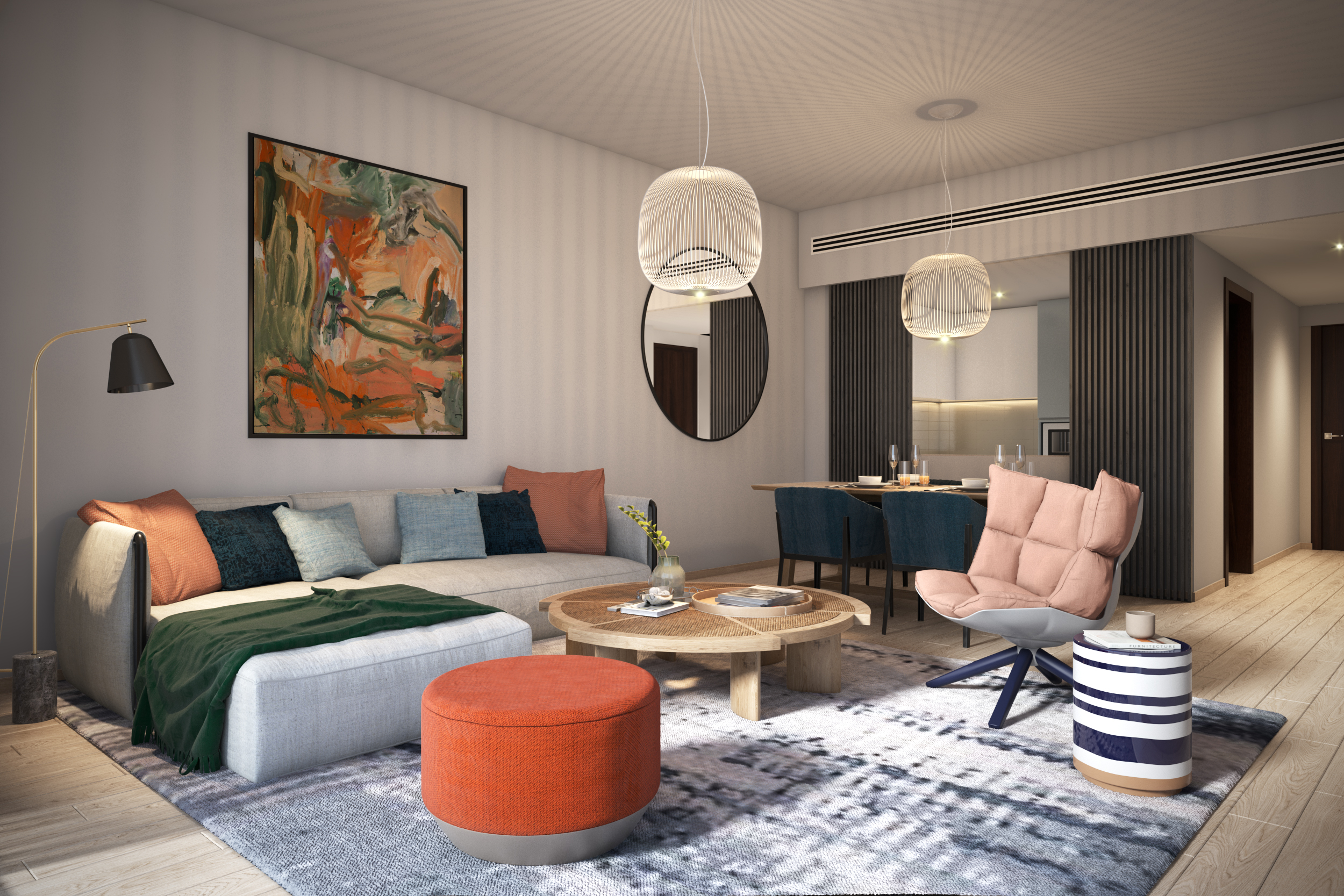 Blue Scheme: One Bedroom Apartment Living and Dining