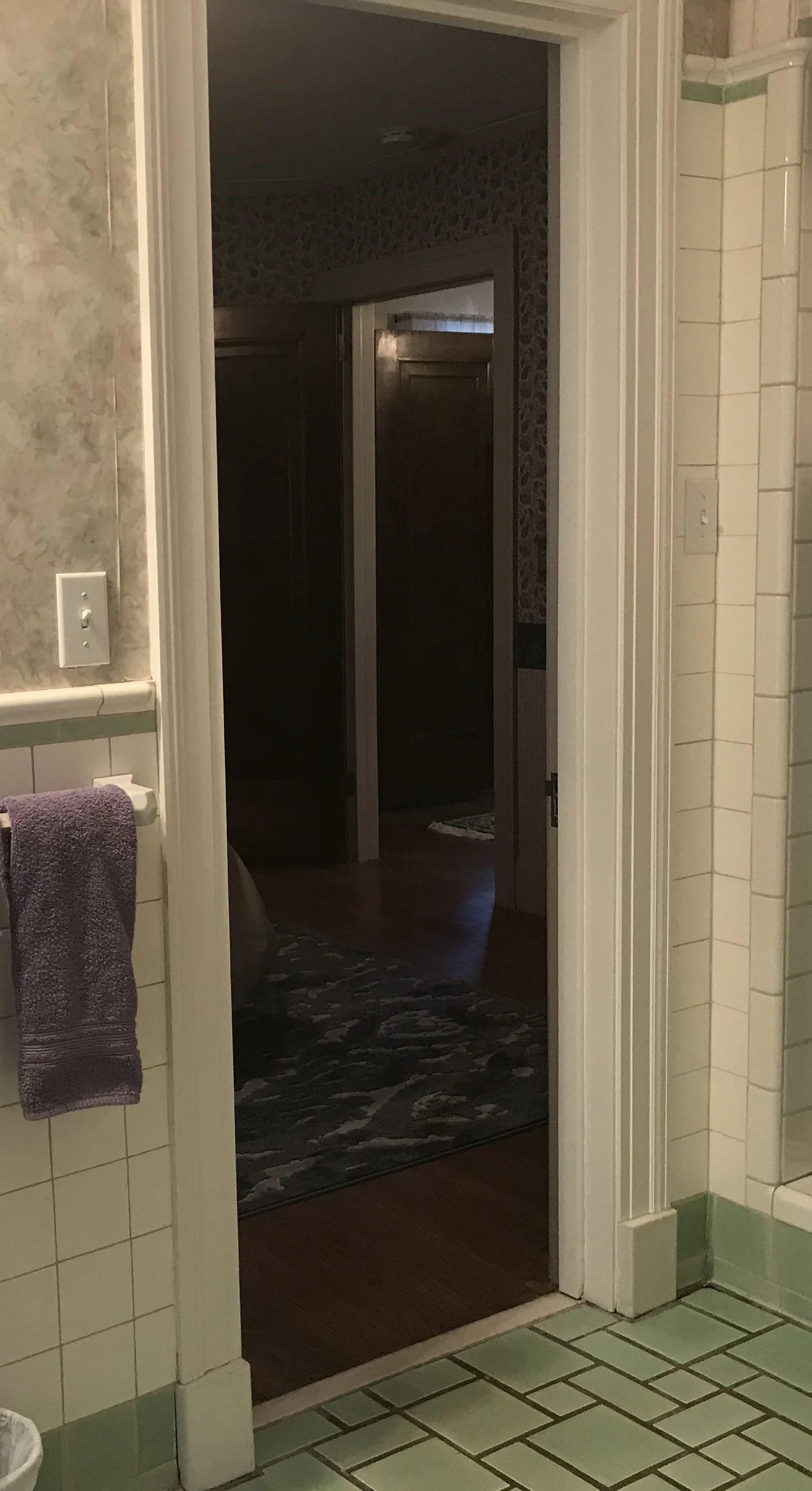 EARLY GREEN AND WHITE TILE IN ONE OF THE UPSTAIRS BATHROOMS..