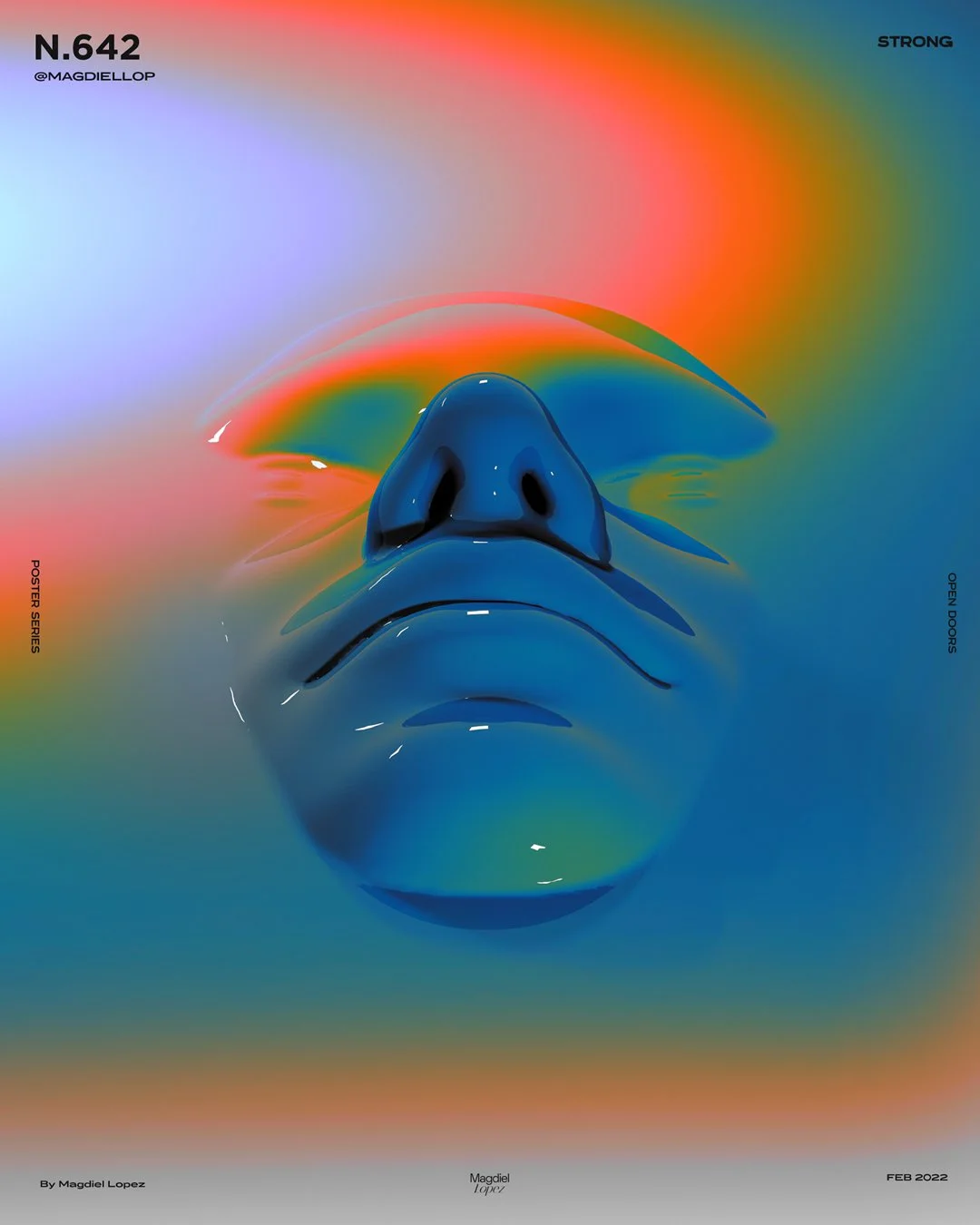 A 3D rendered poster featuring an abstract blue organic form with wing-like or petal-like elements against a vibrant gradient background transitioning from purple and pink to orange, yellow, and teal.