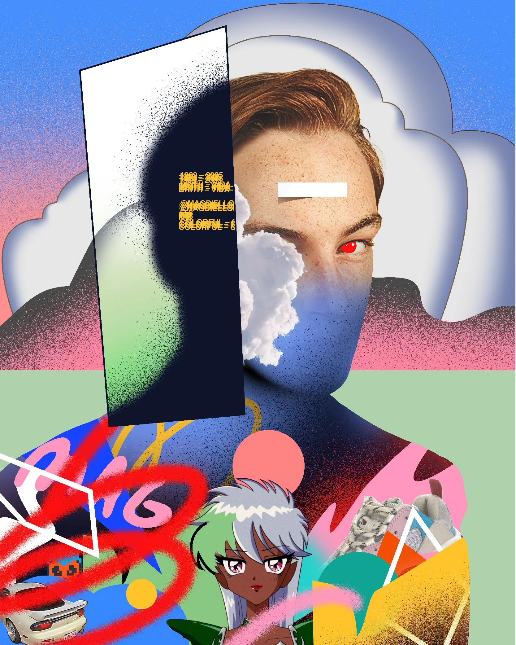 A digital collage poster featuring a portrait with mixed photographic and illustrated elements.