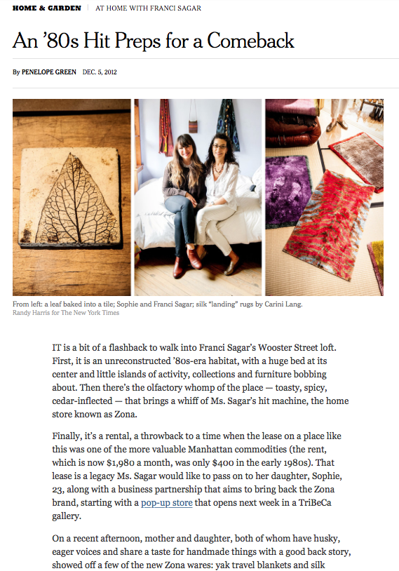 ZONA Holiday Pop-up in Tribeca (NY Times)