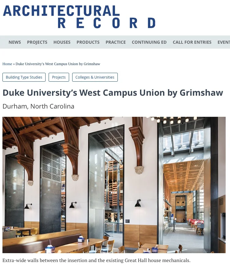 Duke West Union Featured in Architectural Record + Architectural Digest