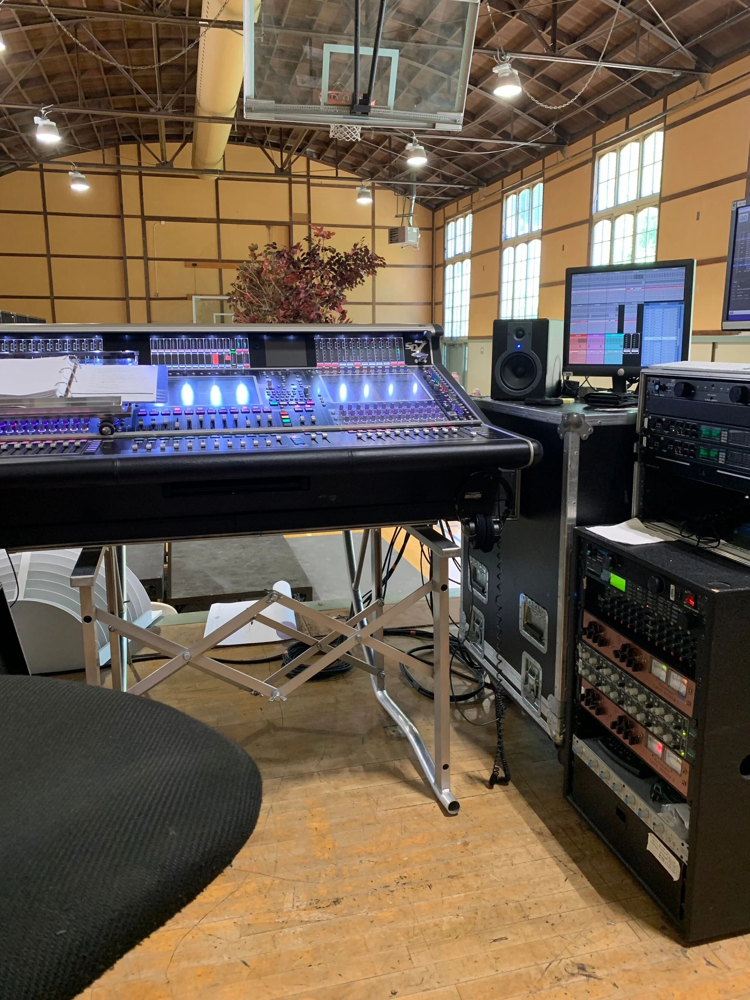  We rehearsed in a gym with the wireless mics so Phil Allen, the Sound Designer and Production Mixer, could practice the mix.  