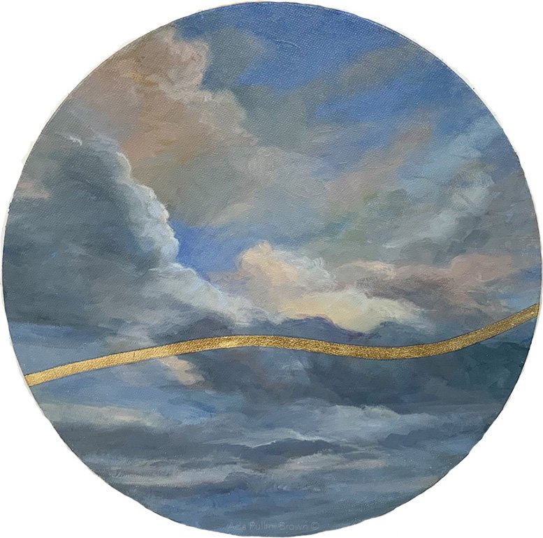 SKY LINE  II — 2023, oil with gold leaf on canvas, 12” tondo