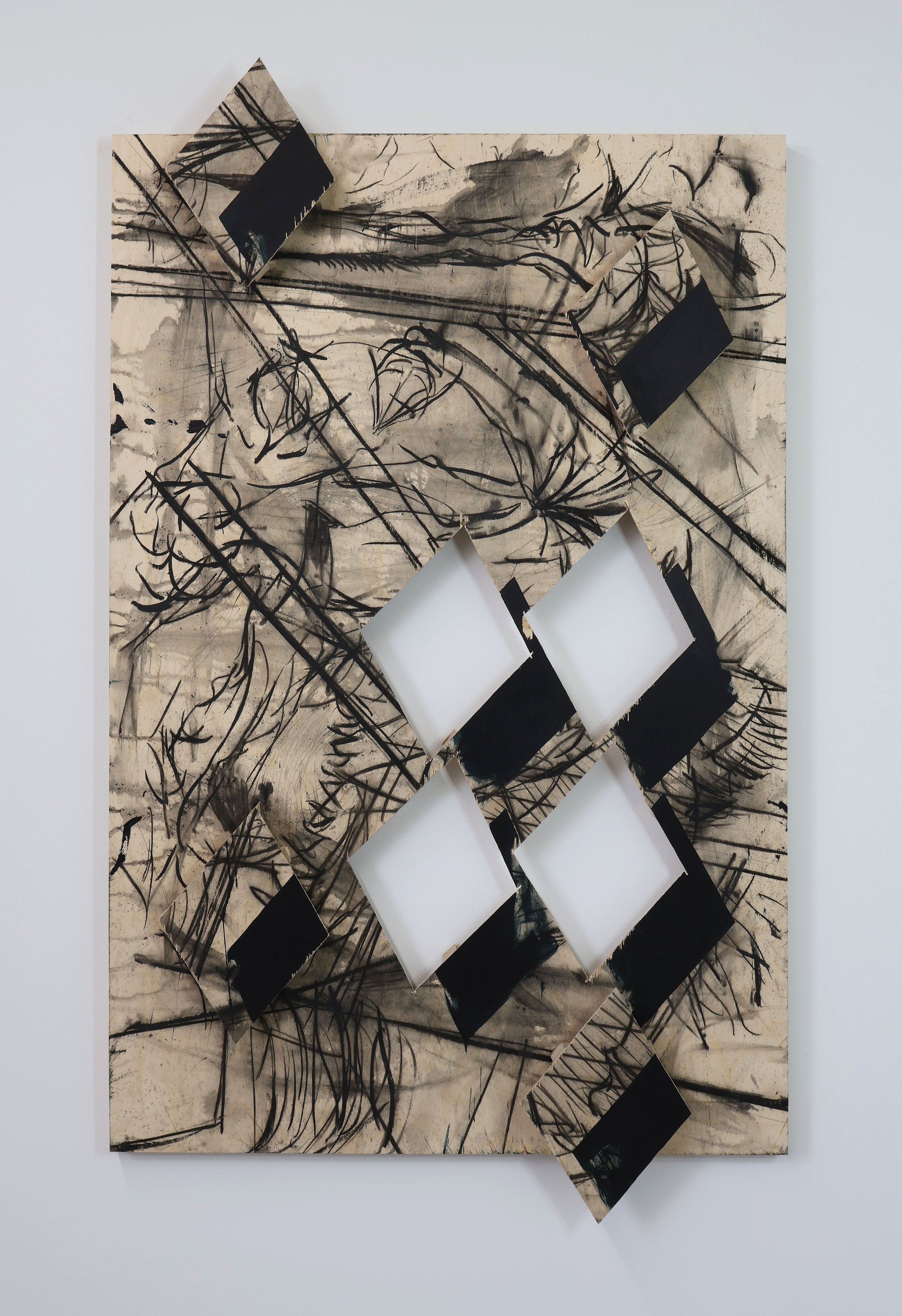  Untitled  Acrylic, charcoal, graphite pencil on wood panel.   67 x 40 x 2 in.  2022 