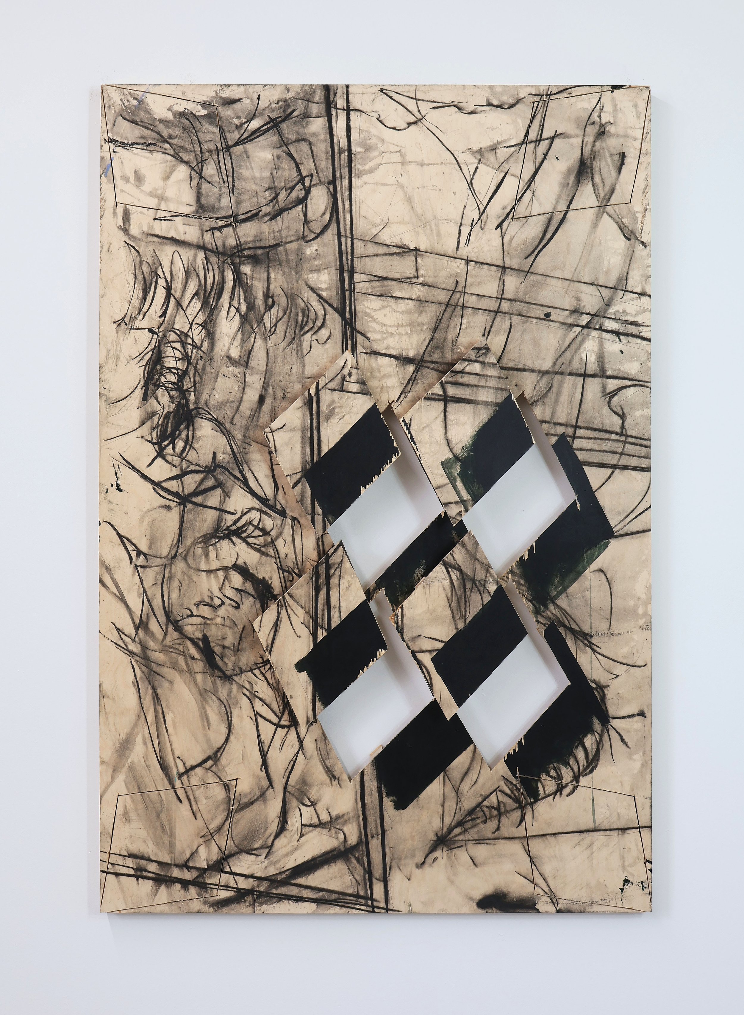  Untitled  Acrylic, charcoal, graphite pencil on wood panel.   60 x 40 x 2 in  2023 
