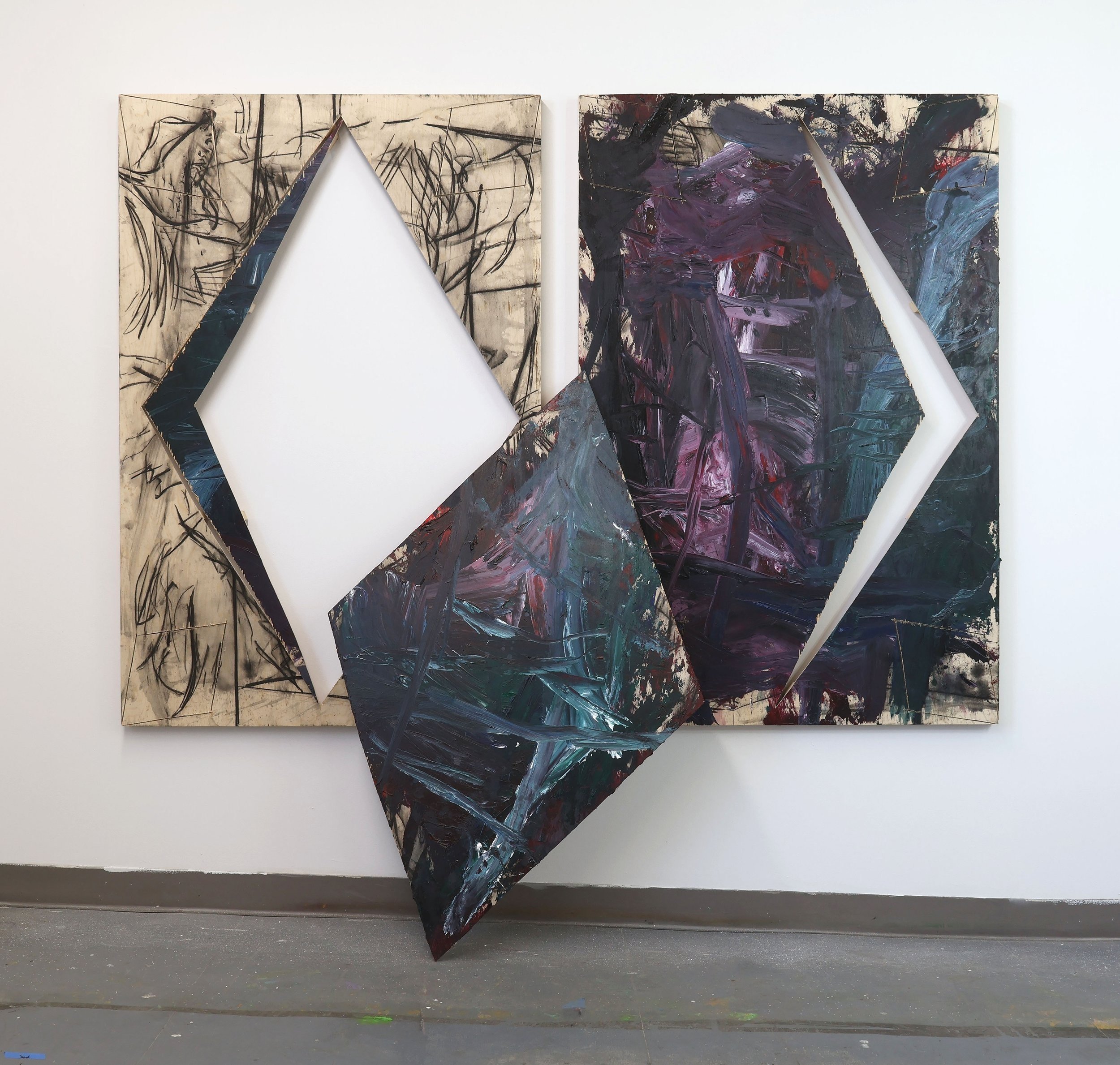  Untitled  Acrylic, charcoal, graphite pencil on wood panel.   80 x 86 x 20 in (Triptych)  2023 