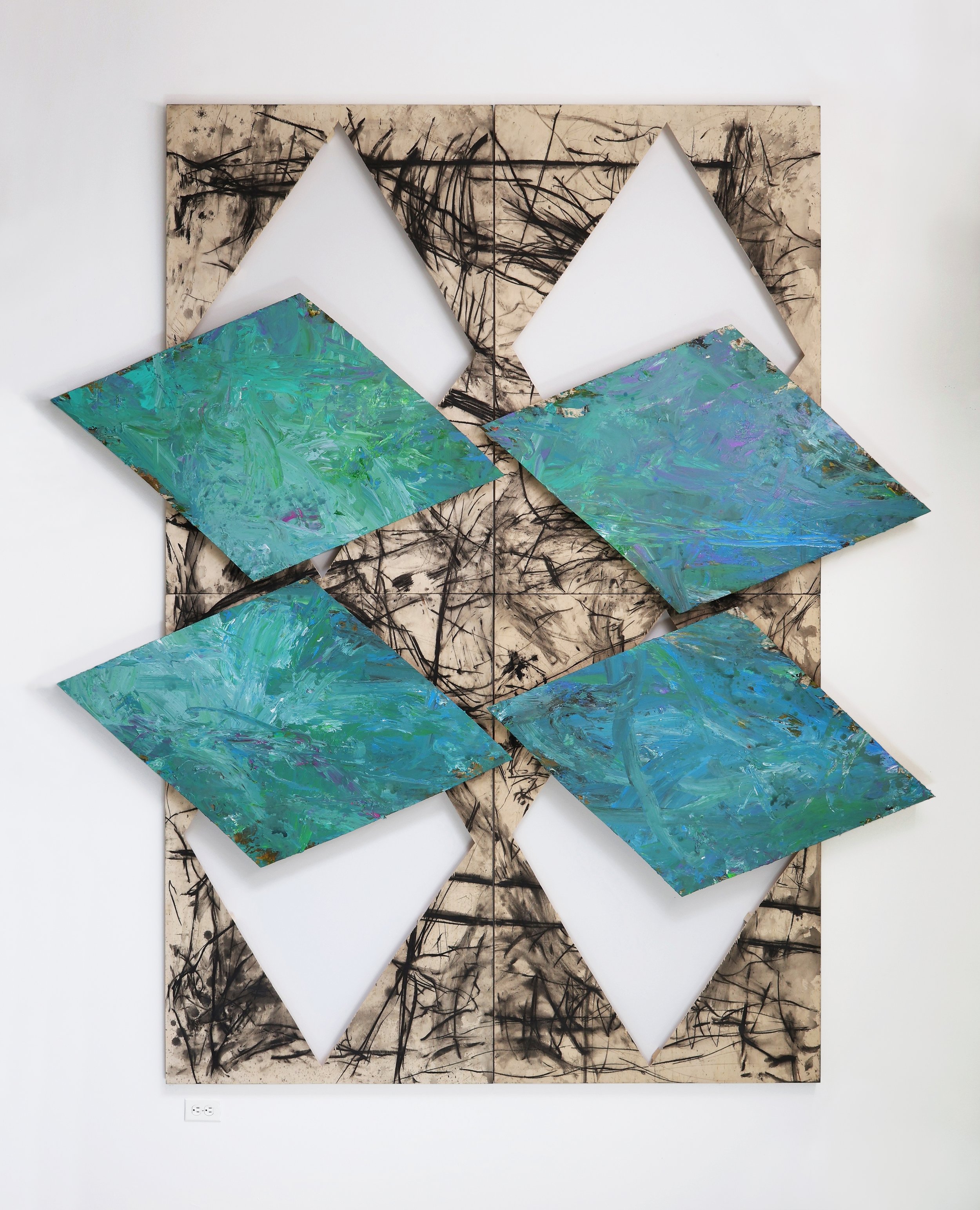 Untitled Acrylic, charcoal, graphite pencil, wood panel on wood panel. 120 × 109 × 2 in, multiple panels. 2024