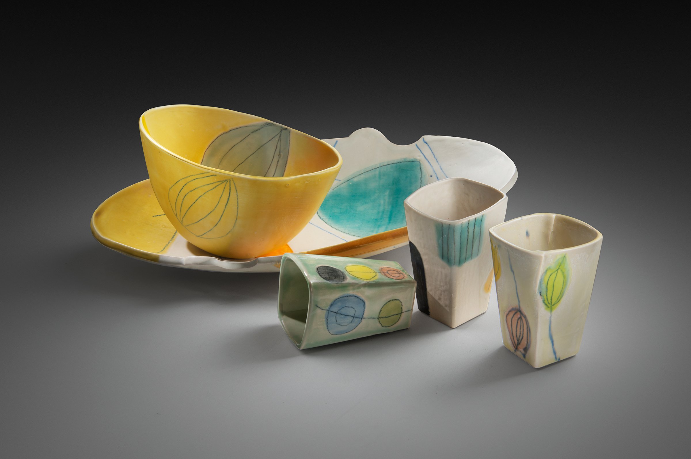 Tumblers, Yellow Oval Bowl, and Oval Platter