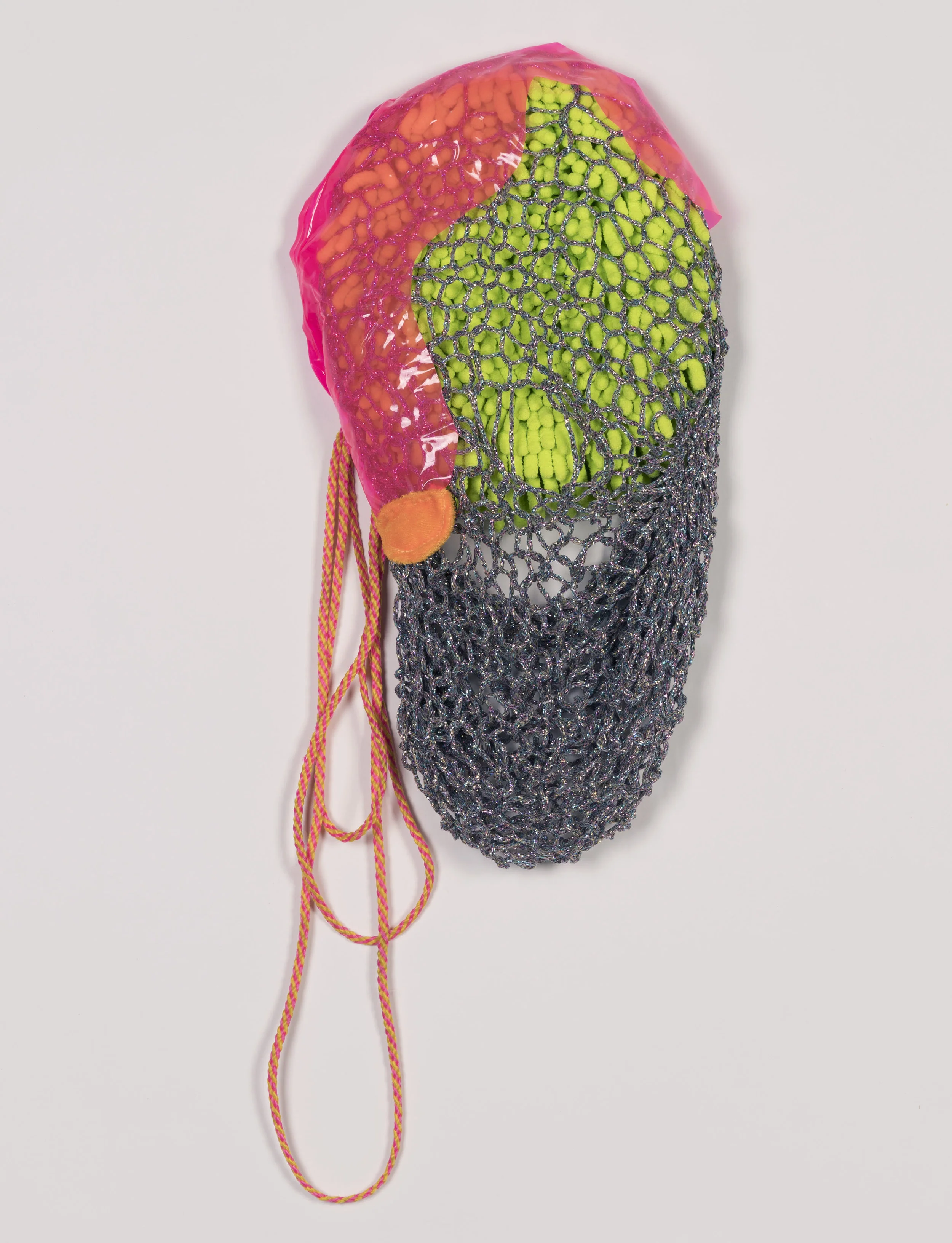 Spring Netting 2016 Metallic yarn, cording, faux fur, vinyl, chenille microfiber wash mitt. 20" x 10"