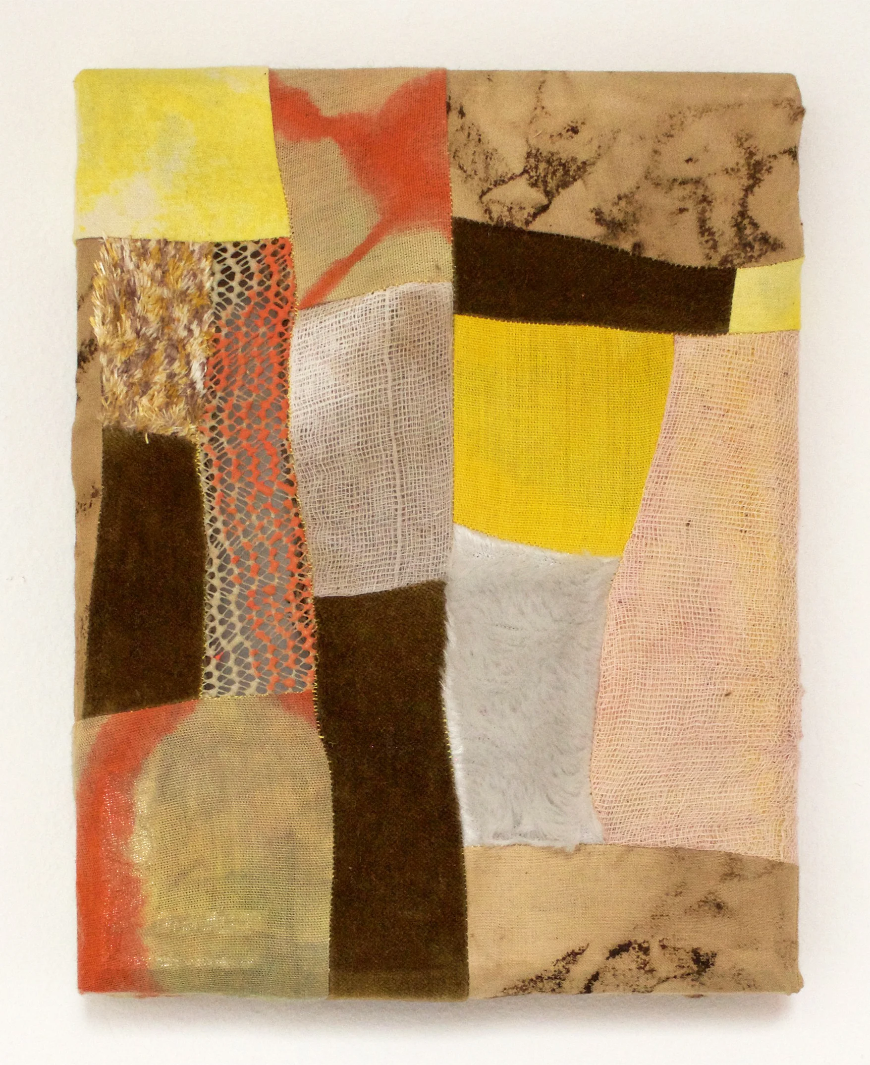 In The Thicket 2017 Cotton fabric, turmeric, coffee, fabric dye, cotton gauze, velvet, faux fur, acrylic paint paint, rug mat 6.5” x 8”