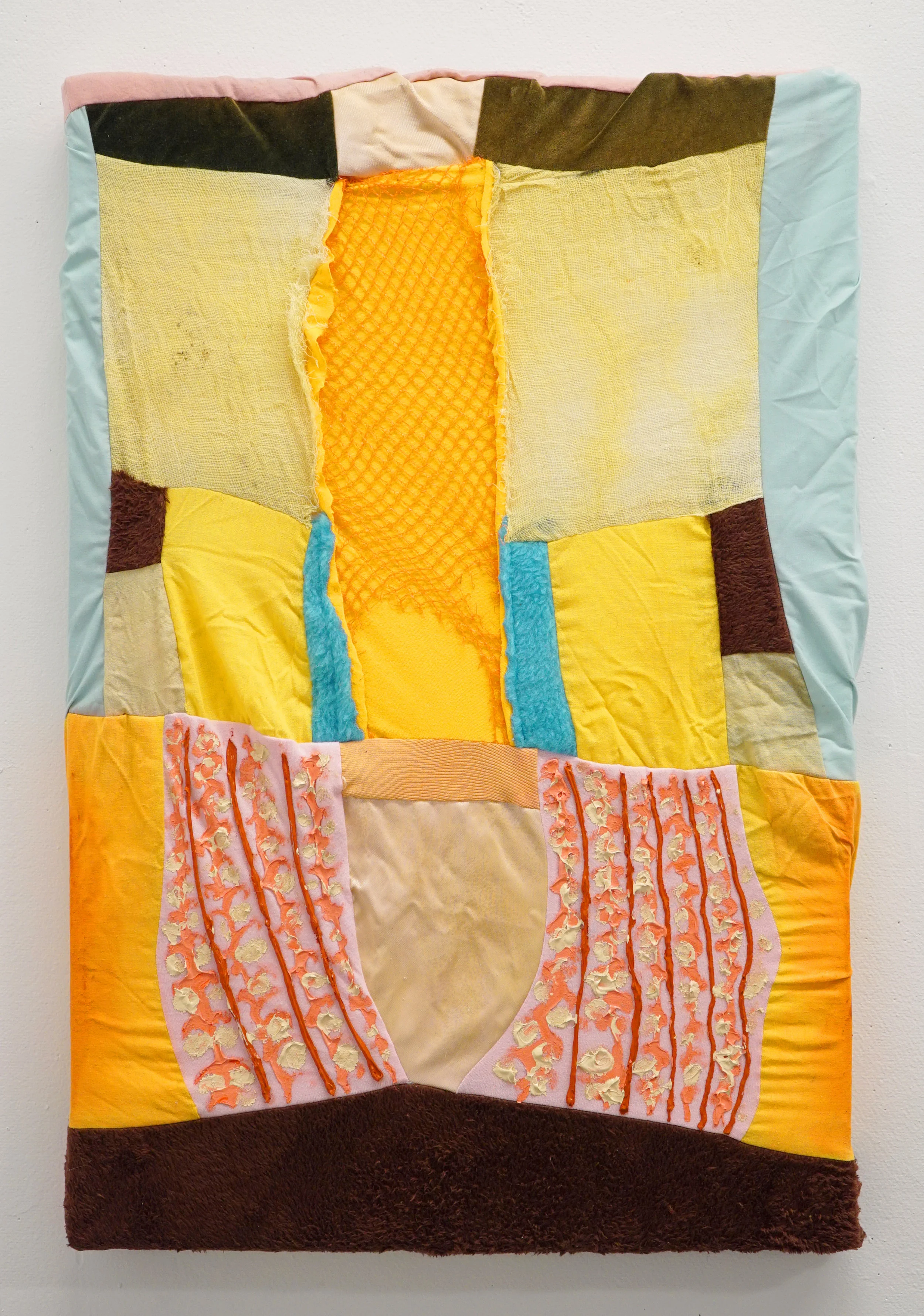 Clamor 2017 Turmeric, green tea, onion, cotton fabric, cotton gauze, faux fur, plastic mesh, satin, velvet, acrylic paint. 25 1/2" x 18 1/2"
