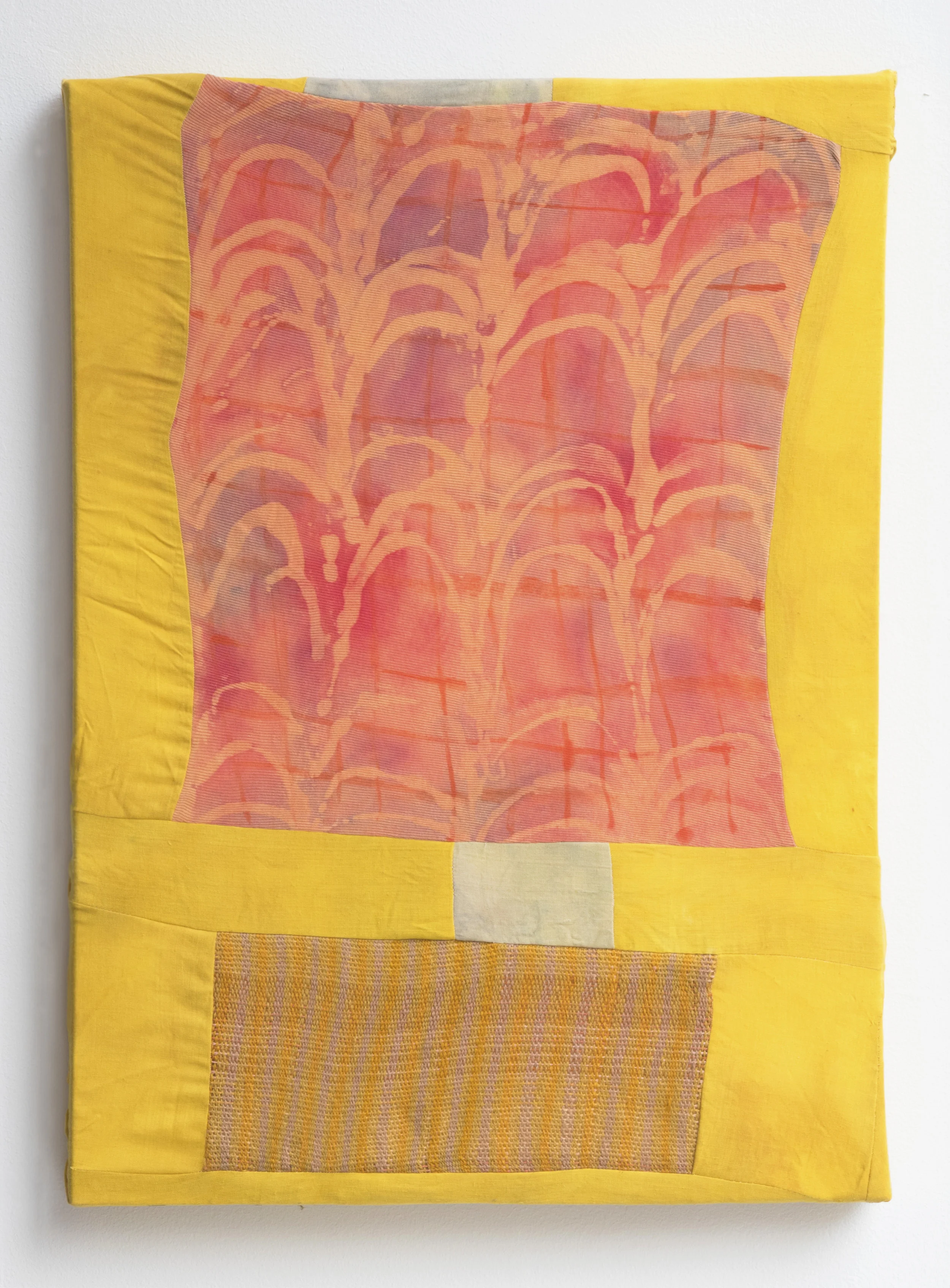   Seedling Conveyor   Turmeric, matcha green tea, black tea, fabric paint, resist, cotton fabric, hand woven wool.  18 1/2" x 25 1/2"  2017   