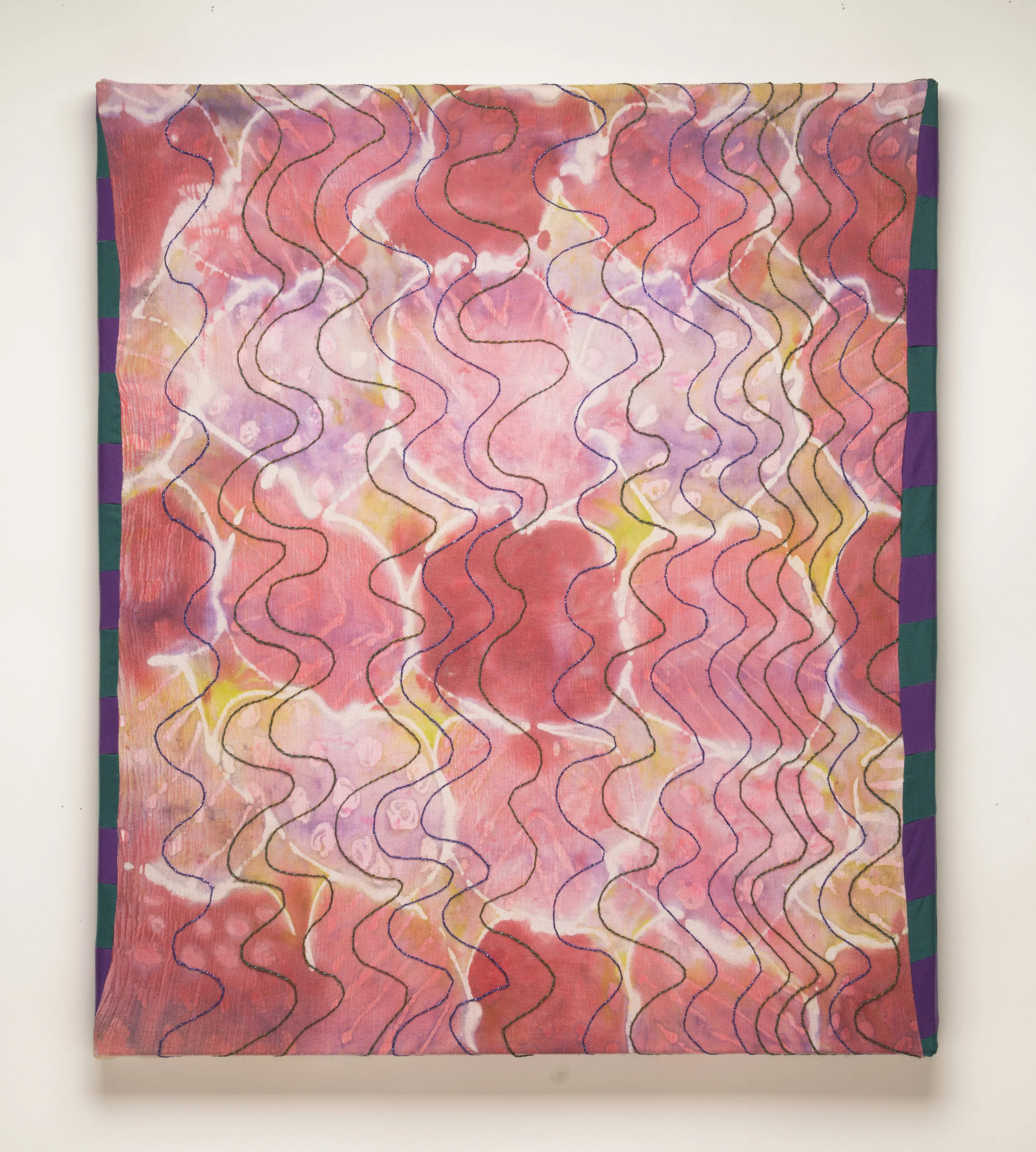  The Gloaming   Fabric dye, metallic yarn, muslin, cotton fabric.  24” x 27”  2017 