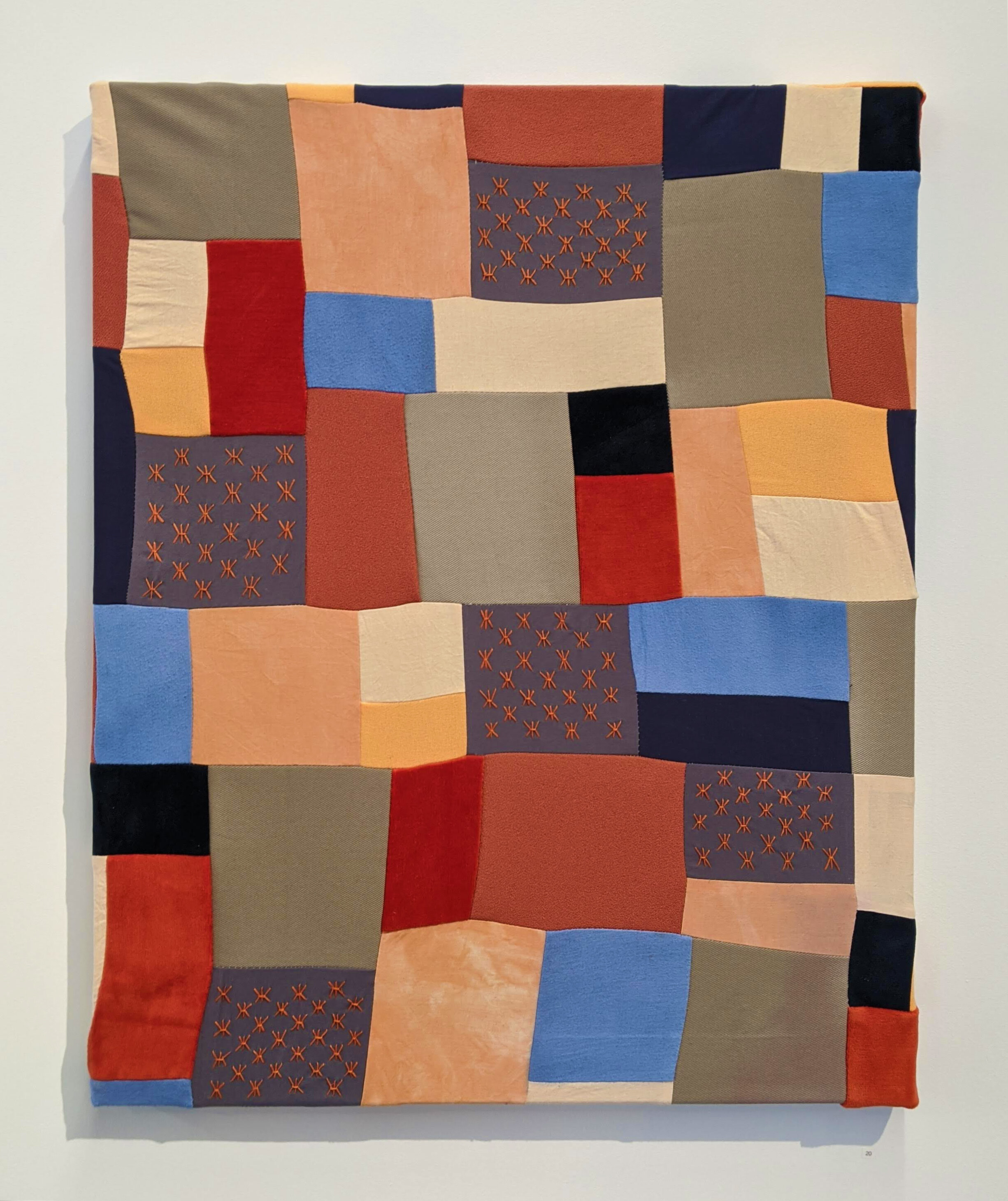 Bundle, 2019, Muslin, canvas, wool, velvet, polyester, faux suede, indigo, osage, embroidery thread,  24” x 30”