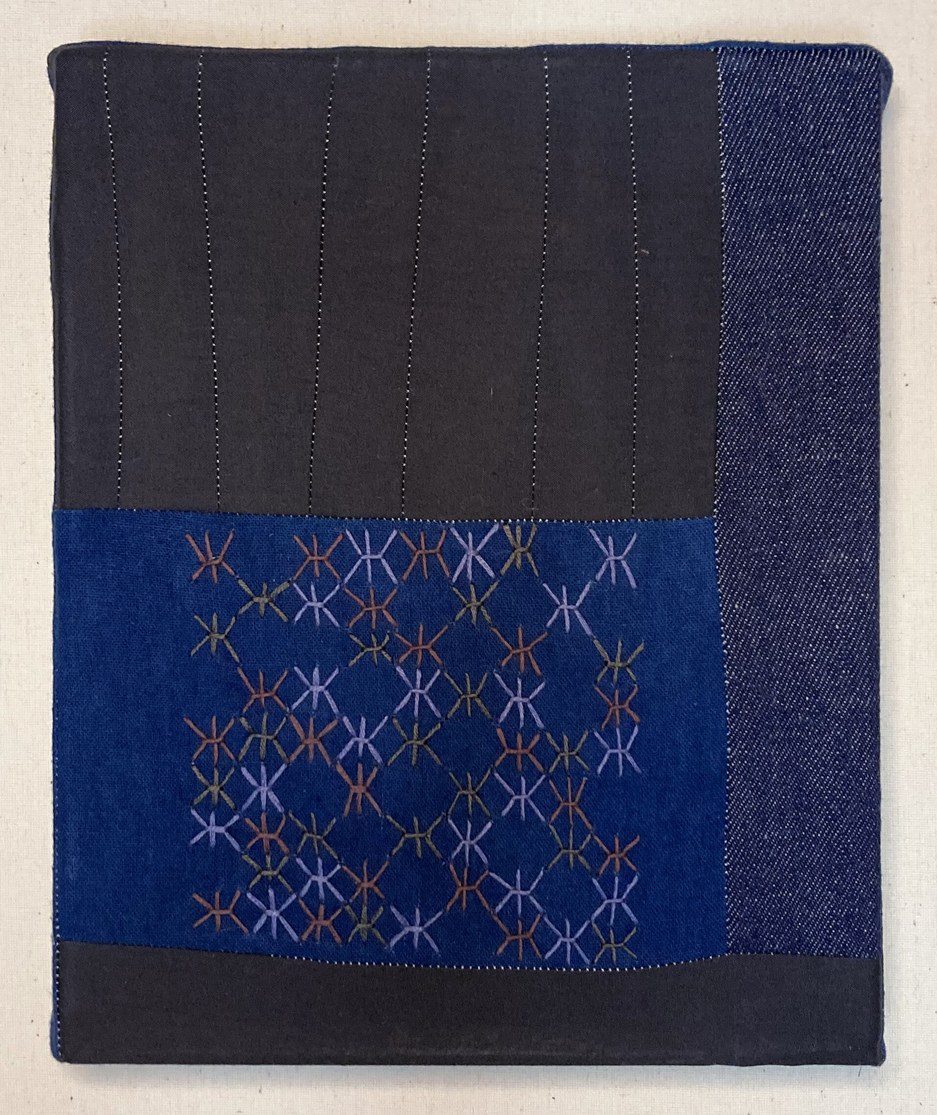 Bundled, 2021, Poplin, linen, denim, indigo, embroidery thread, 8” x 10”. 