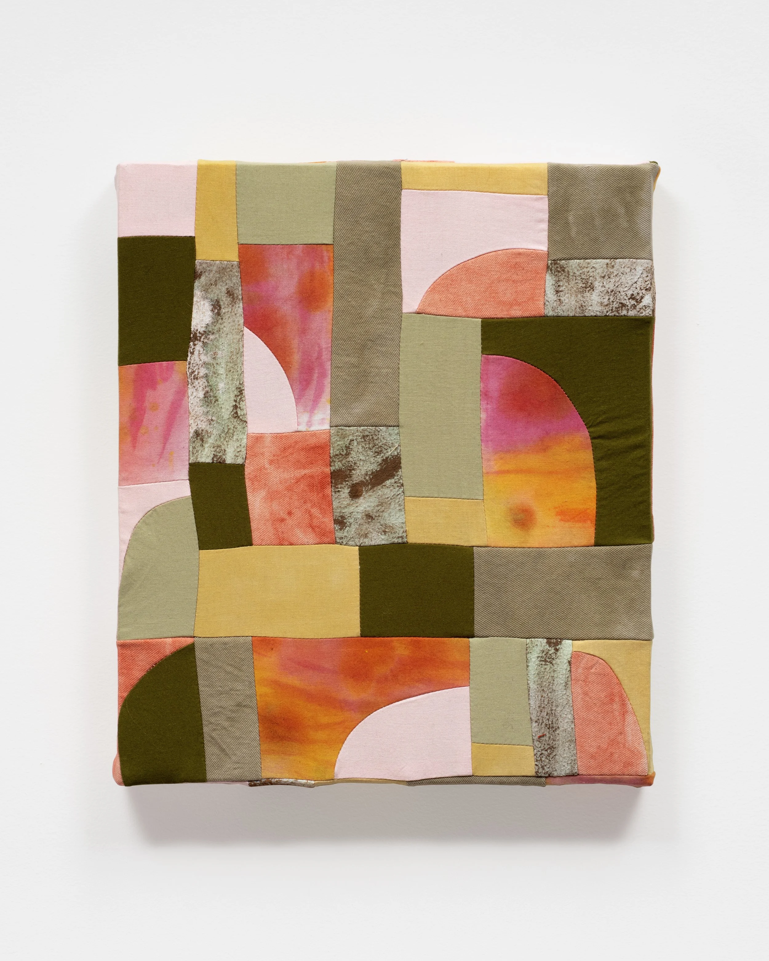   Waning Suns   Muslin, poplin, canvas, flannel, linen, madder, marigold, iron, fabric dye, acrylic paint.  12” x 14”  2025  Photo: Jay Stern 