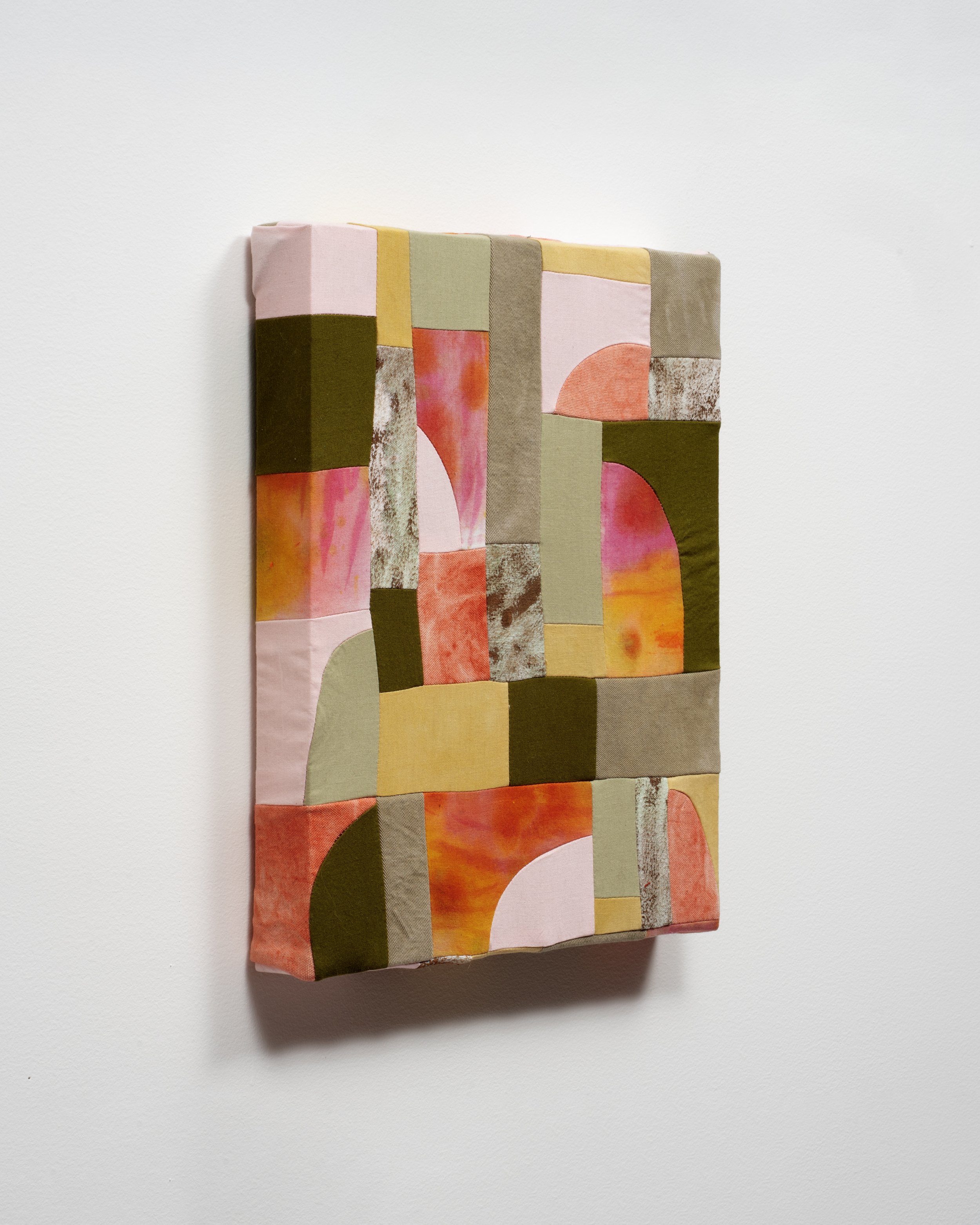   Waning Suns (side view)   Muslin, poplin, canvas, flannel, linen, madder, marigold, iron, fabric dye, acrylic paint.  12” x 14”  2025  Photo: Jay Stern 