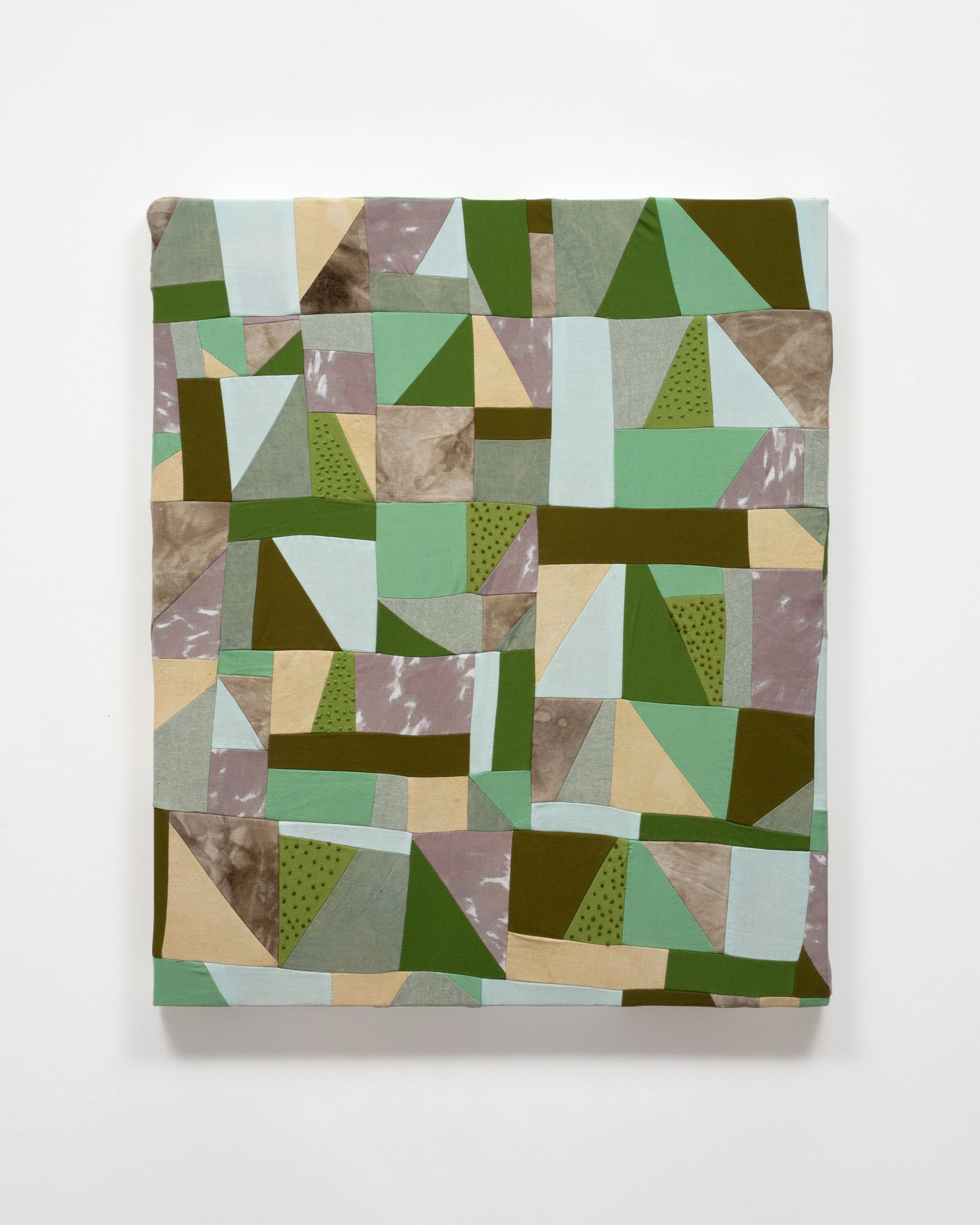  Green Winding Road   Poplin, canvas, linen-cotton fabric, linen, marigold, iron, fabric dye, acrylic paint, cotton embroidery thread.  20” x 24”  2025  Photo: Jay Stern 